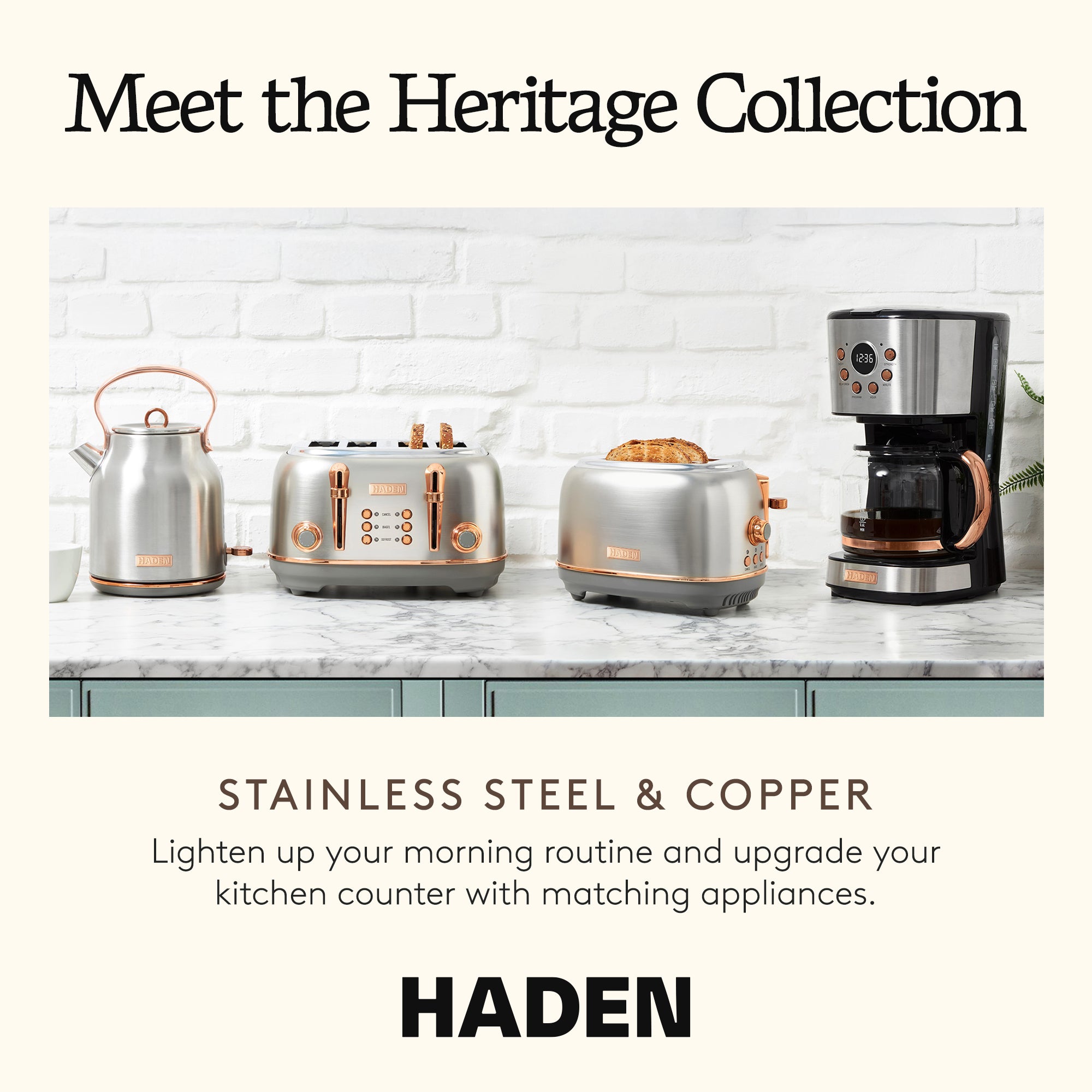 Haden Heritage 12 Cup Coffee Maker & 2 Slice Wide Slot Toaster Set, Steel/Copper