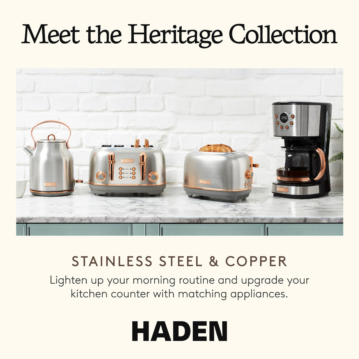 Haden Heritage 12 Cup Coffee Maker & 2 Slice Wide Slot Toaster Set, Steel/Copper