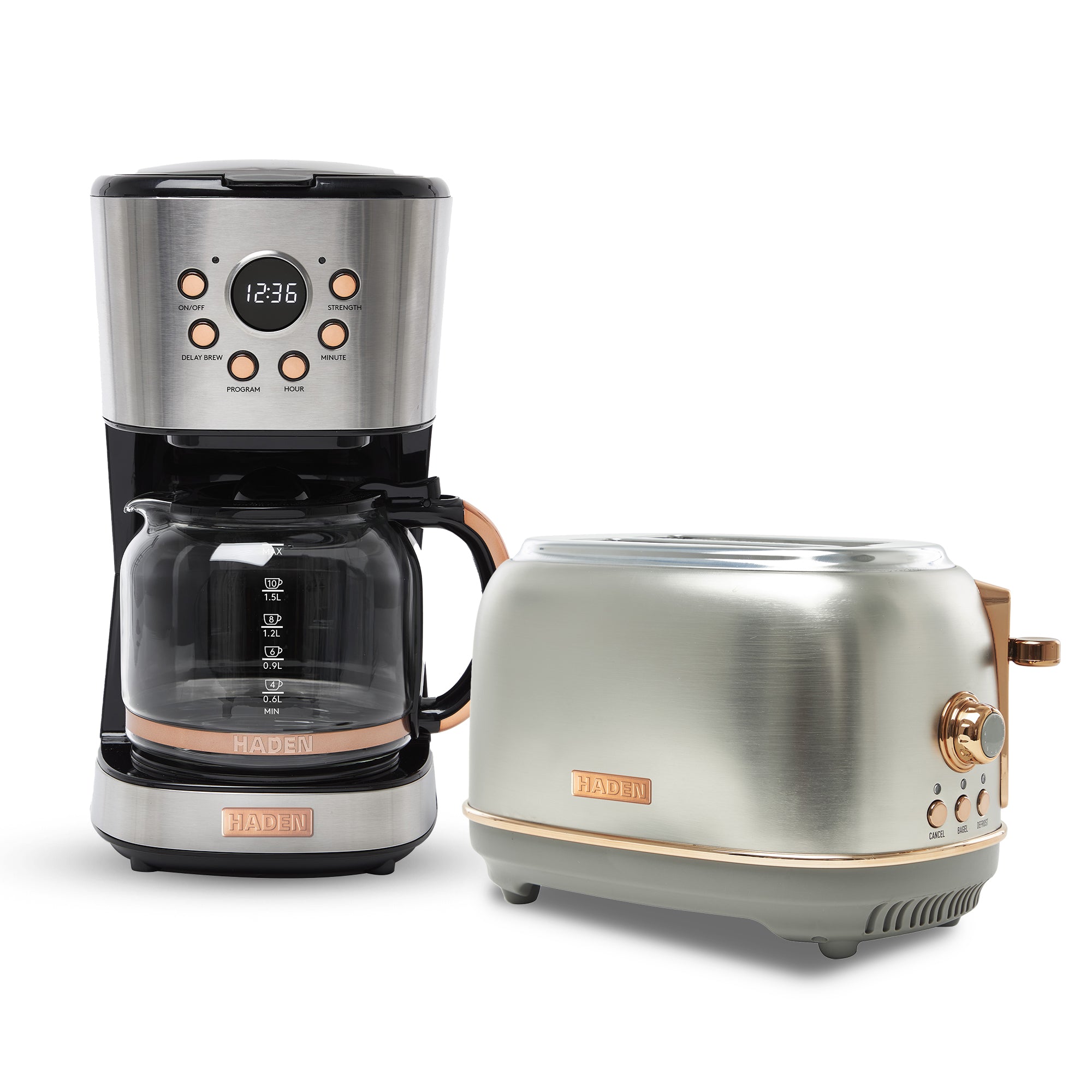 Haden Heritage 12 Cup Coffee Maker & 2 Slice Wide Slot Toaster Set, Steel/Copper - VMInnovations