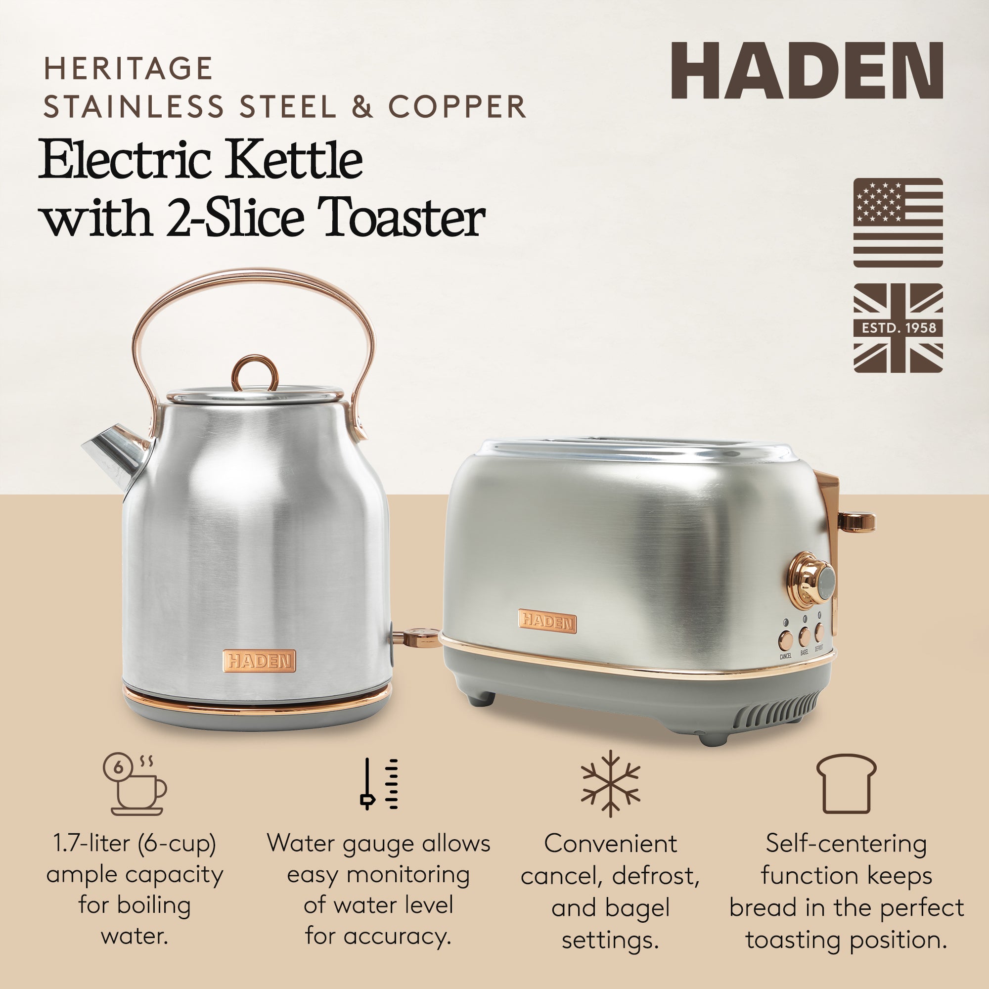 Haden Heritage 2 Slice Wide Slot Toaster & Electric Water Kettle, Steel & Copper