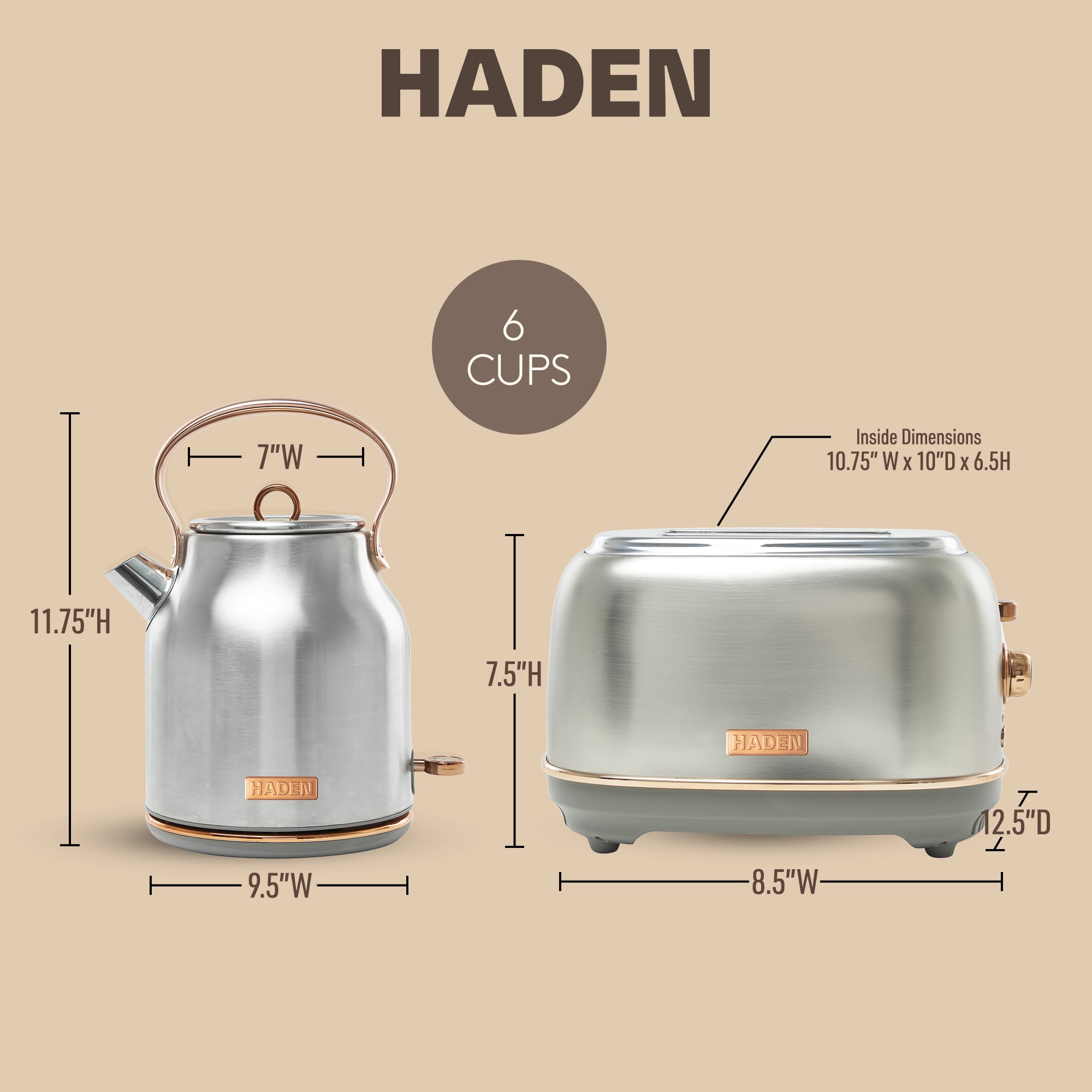 Haden Heritage 2 Slice Wide Slot Toaster & Electric Water Kettle, Steel & Copper