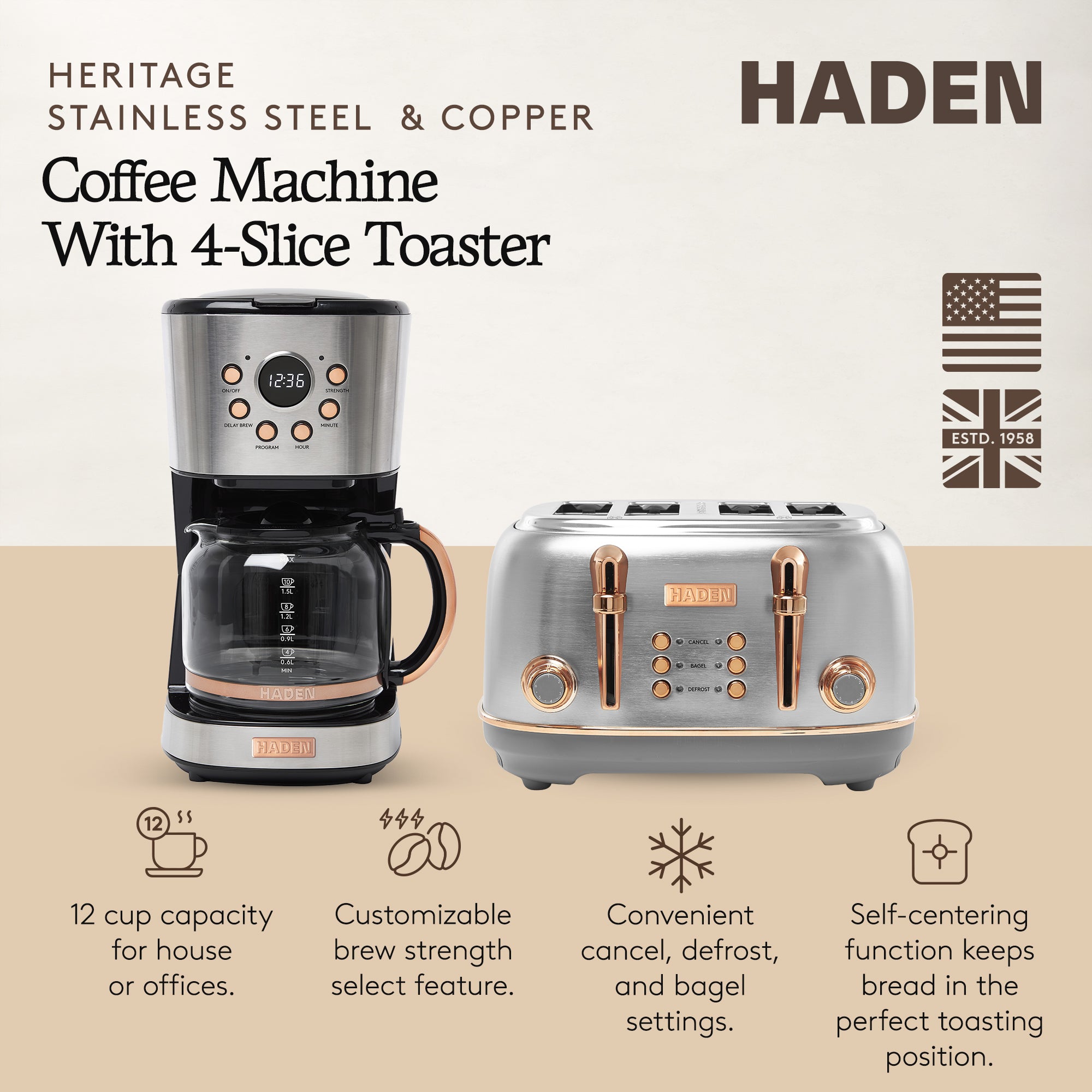 Haden Heritage 4 Slice Wide Slot Toaster & 12 Cup Coffee Maker, Steel & Copper - VMInnovations