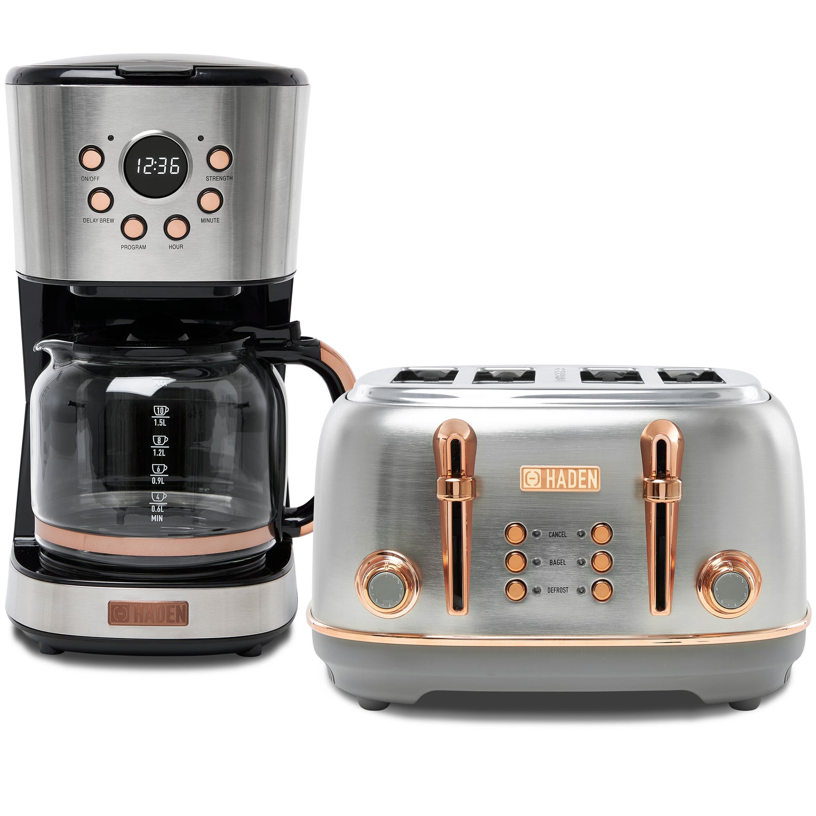 Haden Heritage 4 Slice Wide Slot Toaster & 12 Cup Coffee Maker, Steel & Copper - VMInnovations