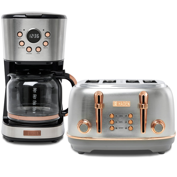 Haden Heritage 4 Slice Wide Slot Toaster & 12 Cup Coffee Maker, Steel & Copper - VMInnovations