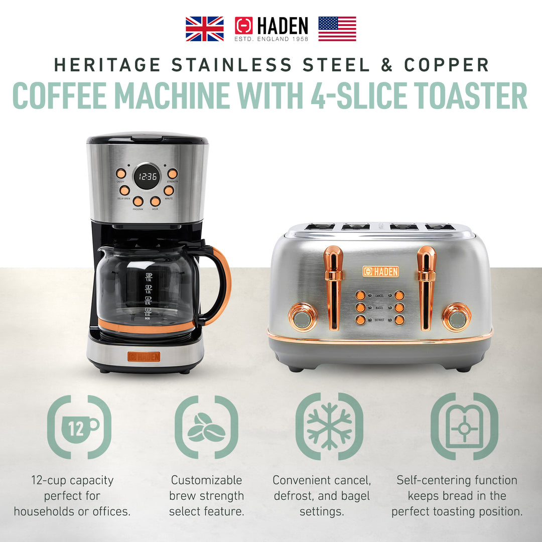 Haden Heritage 4 Slice Wide Slot Toaster & 12 Cup Coffee Maker, Steel & Copper - VMInnovations