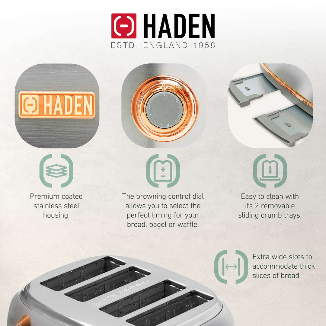 Haden Heritage 4 Slice Wide Slot Toaster & 12 Cup Coffee Maker, Steel & Copper - VMInnovations