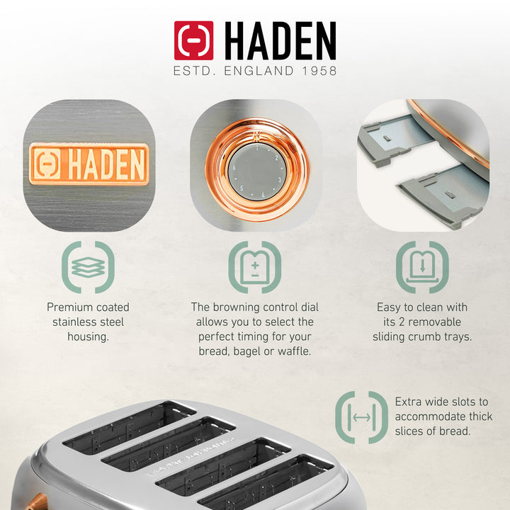 Haden Heritage 4 Slice Wide Slot Toaster & 12 Cup Coffee Maker, Steel & Copper - VMInnovations