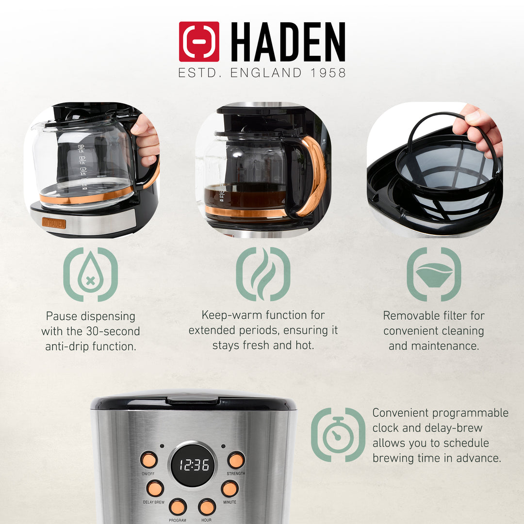 Haden Heritage 4 Slice Wide Slot Toaster & 12 Cup Coffee Maker, Steel & Copper - VMInnovations