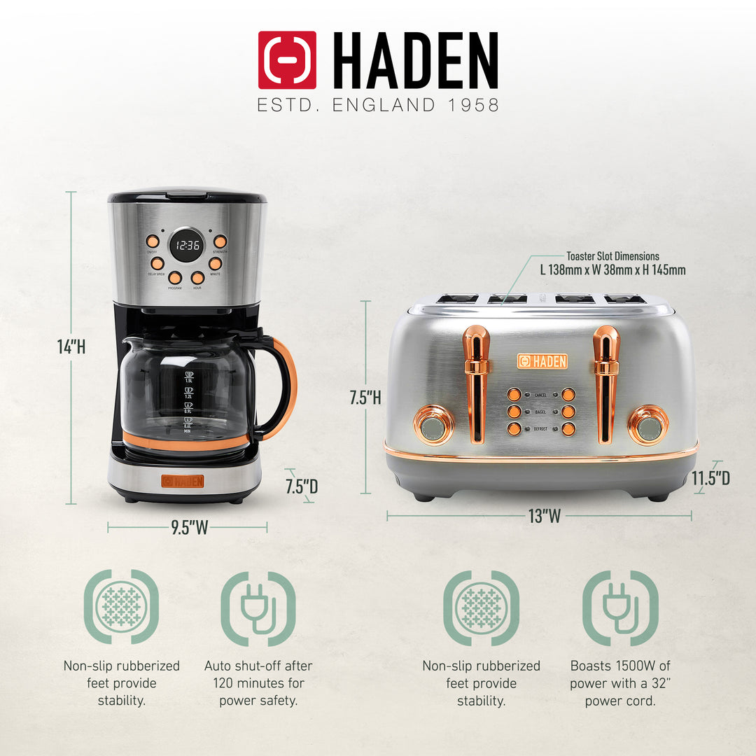 Haden Heritage 4 Slice Wide Slot Toaster & 12 Cup Coffee Maker, Steel & Copper - VMInnovations