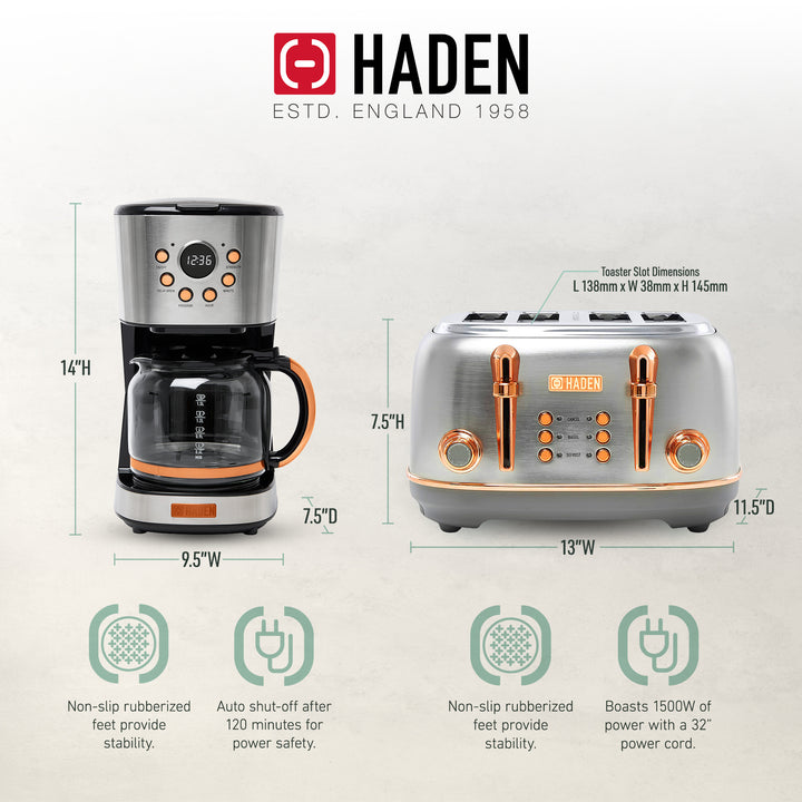 Haden Heritage 4 Slice Wide Slot Toaster & 12 Cup Coffee Maker, Steel & Copper - VMInnovations