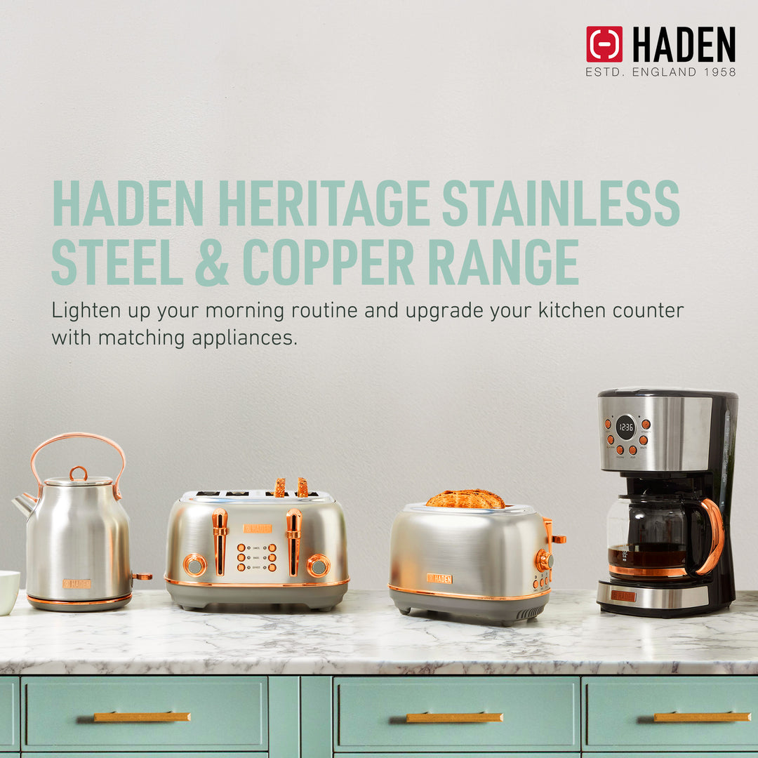 Haden Heritage 4 Slice Wide Slot Toaster & 12 Cup Coffee Maker, Steel & Copper - VMInnovations