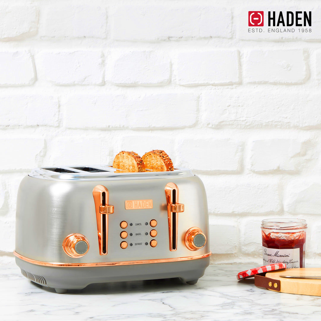 Haden Heritage 4 Slice Wide Slot Toaster & 12 Cup Coffee Maker, Steel & Copper - VMInnovations