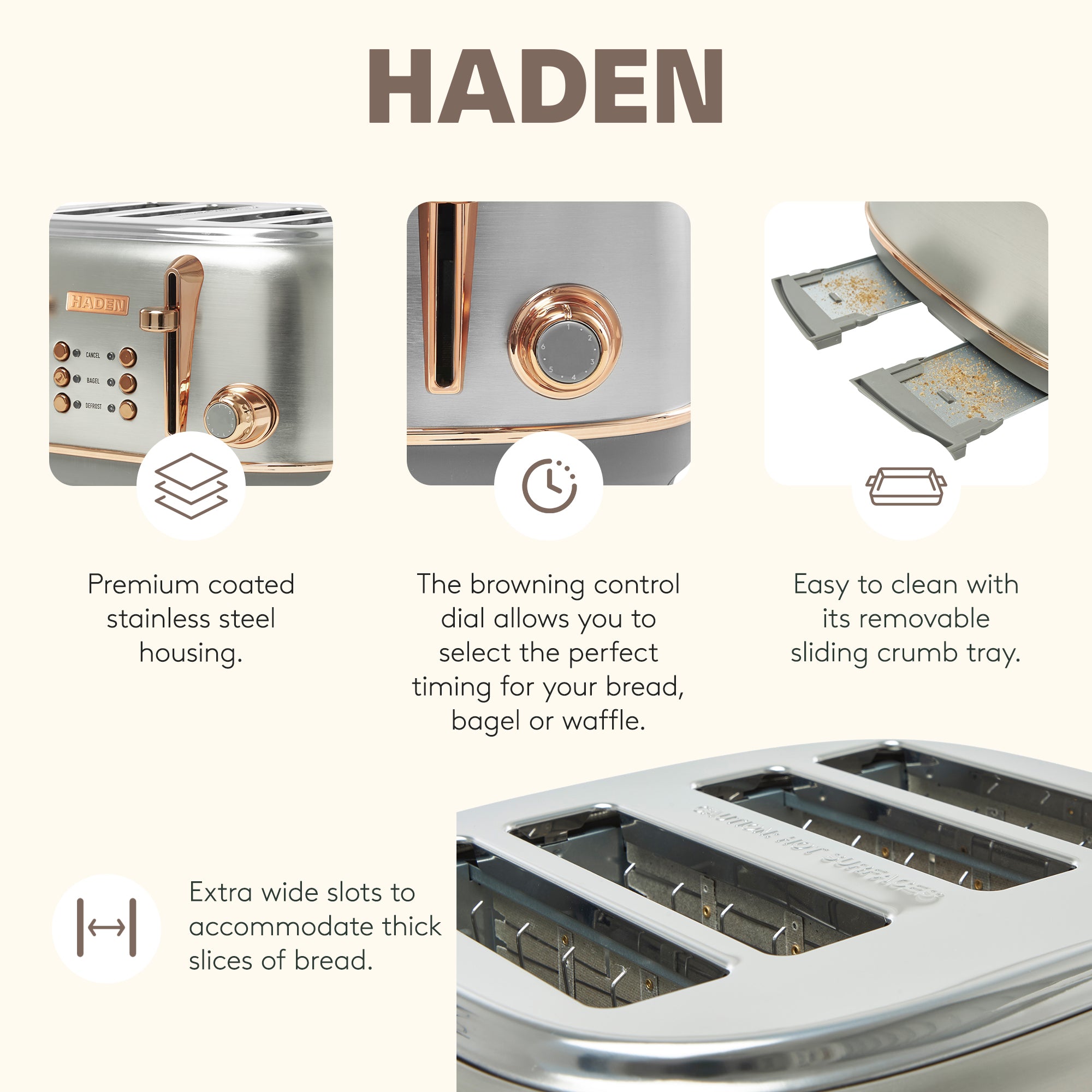 Haden Heritage 4 Slice Wide Slot Toaster & Electric Water Kettle, Steel & Copper