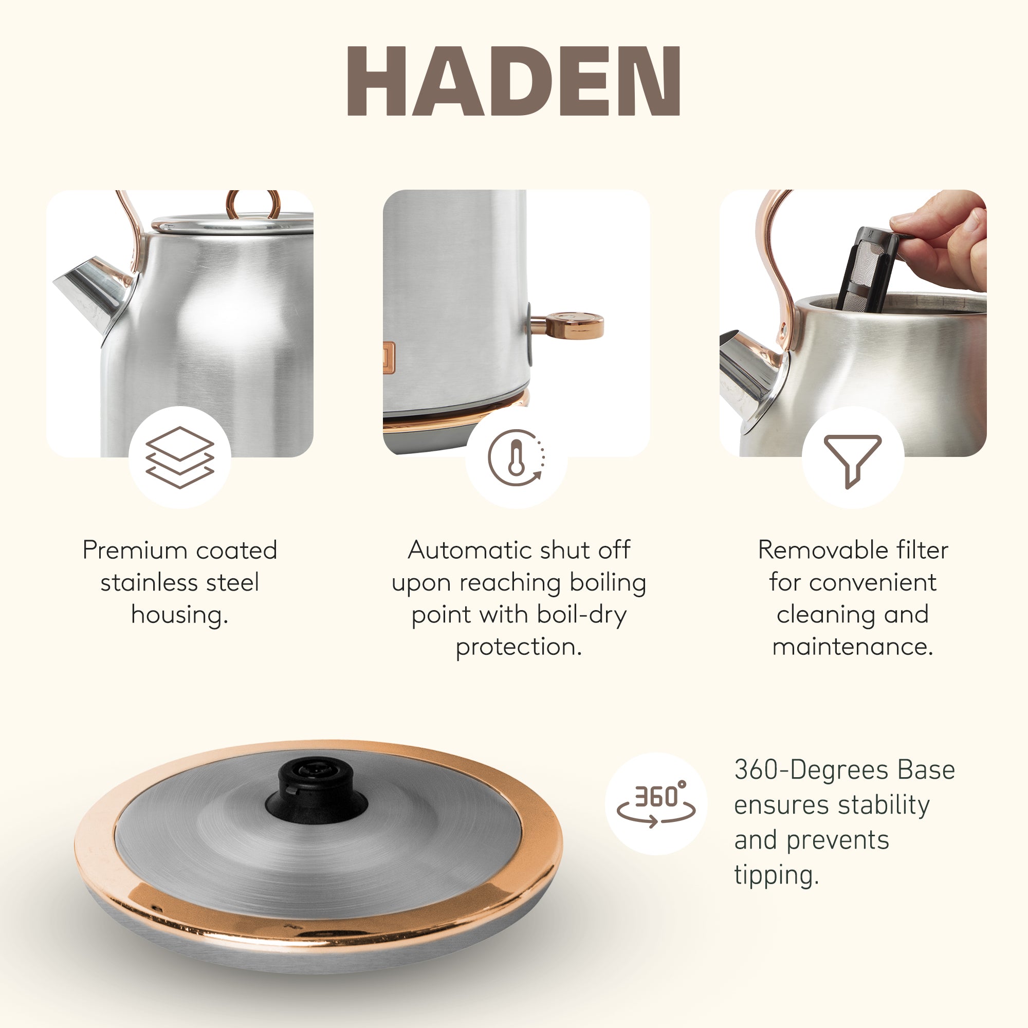 Haden Heritage 4 Slice Wide Slot Toaster & Electric Water Kettle, Steel & Copper