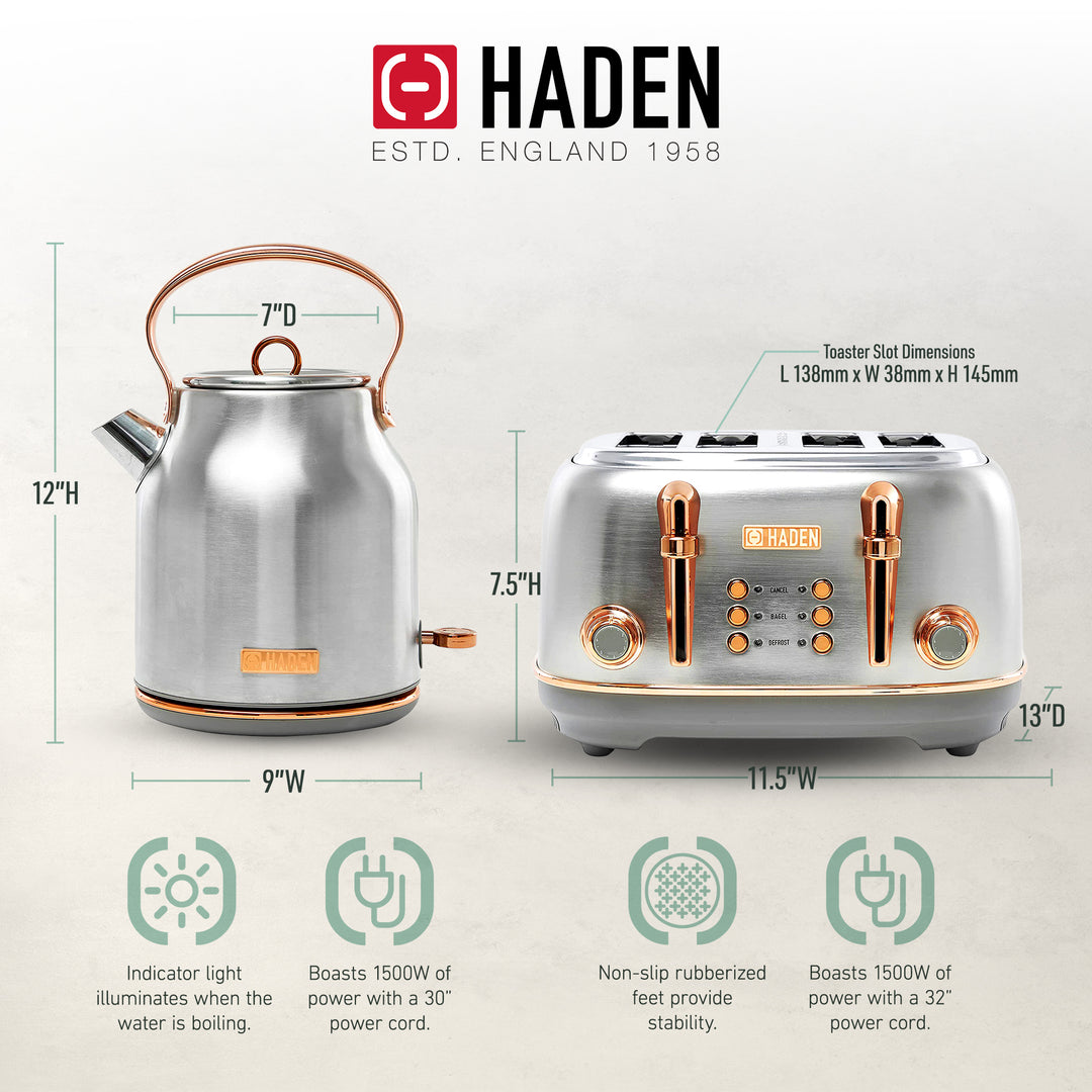 Haden Heritage 4 Slice Wide Slot Toaster & Electric Water Kettle, Steel & Copper - VMInnovations