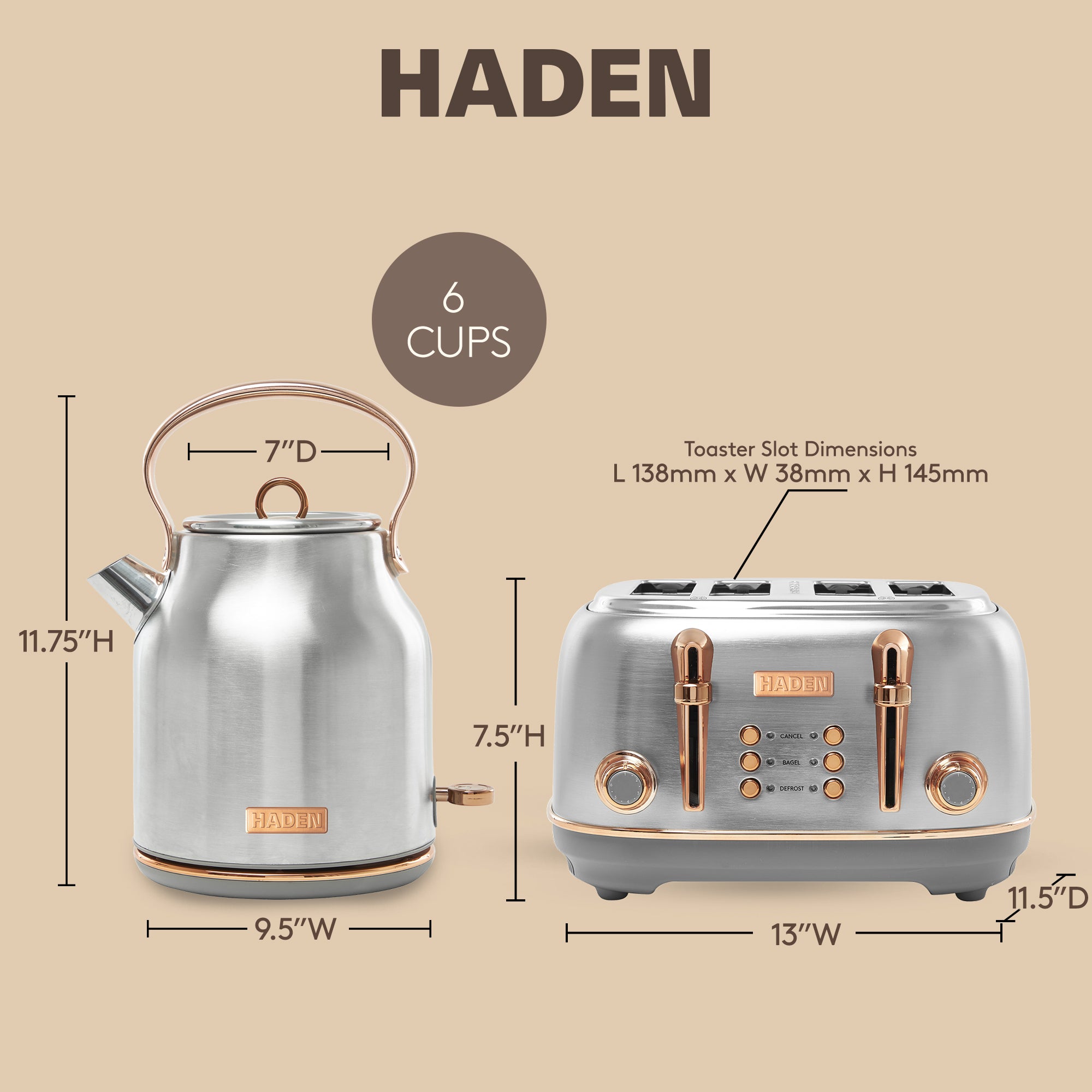 Haden Heritage 4 Slice Wide Slot Toaster & Electric Water Kettle, Steel & Copper