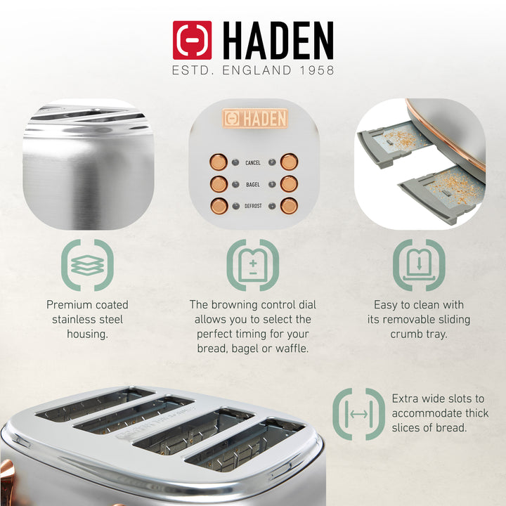 Haden Heritage 4 Slice Wide Slot Toaster & Electric Water Kettle, Steel & Copper - VMInnovations