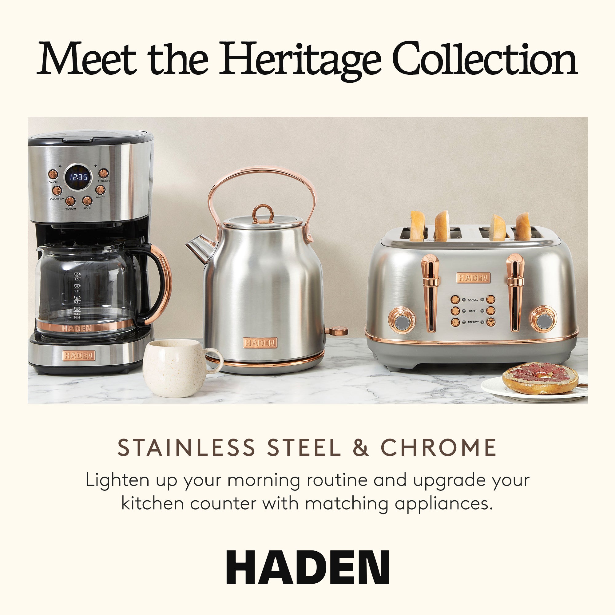 Haden Heritage 4 Slice Wide Slot Toaster & Electric Water Kettle, Steel & Copper