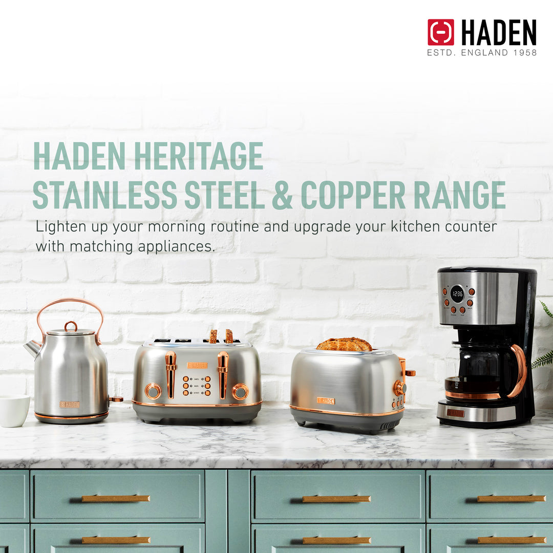 Haden Heritage 4 Slice Wide Slot Toaster & Electric Water Kettle, Steel & Copper - VMInnovations