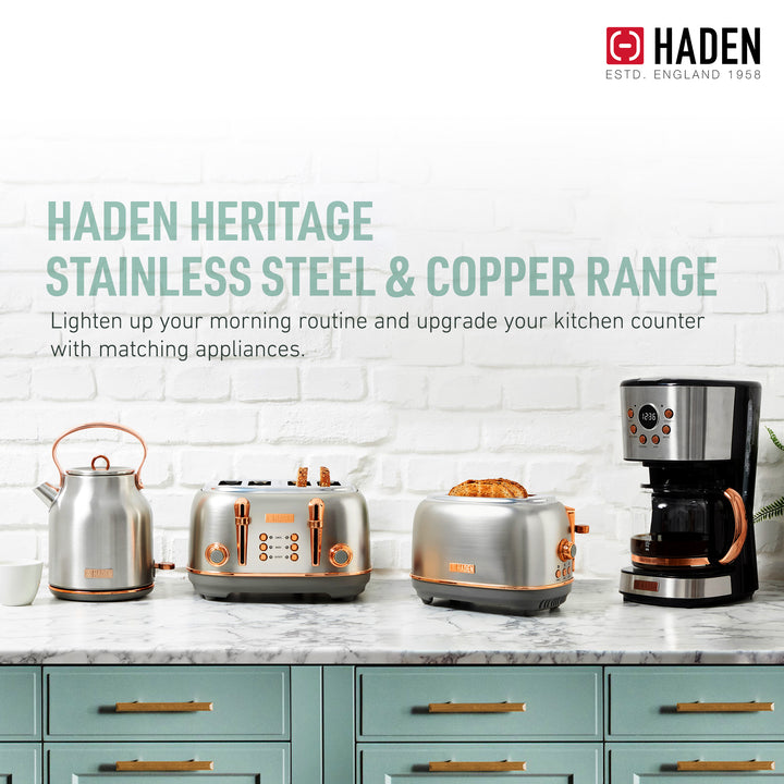 Haden Heritage 4 Slice Wide Slot Toaster & Electric Water Kettle, Steel & Copper - VMInnovations