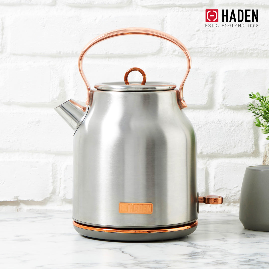Haden Heritage 4 Slice Wide Slot Toaster & Electric Water Kettle, Steel & Copper - VMInnovations