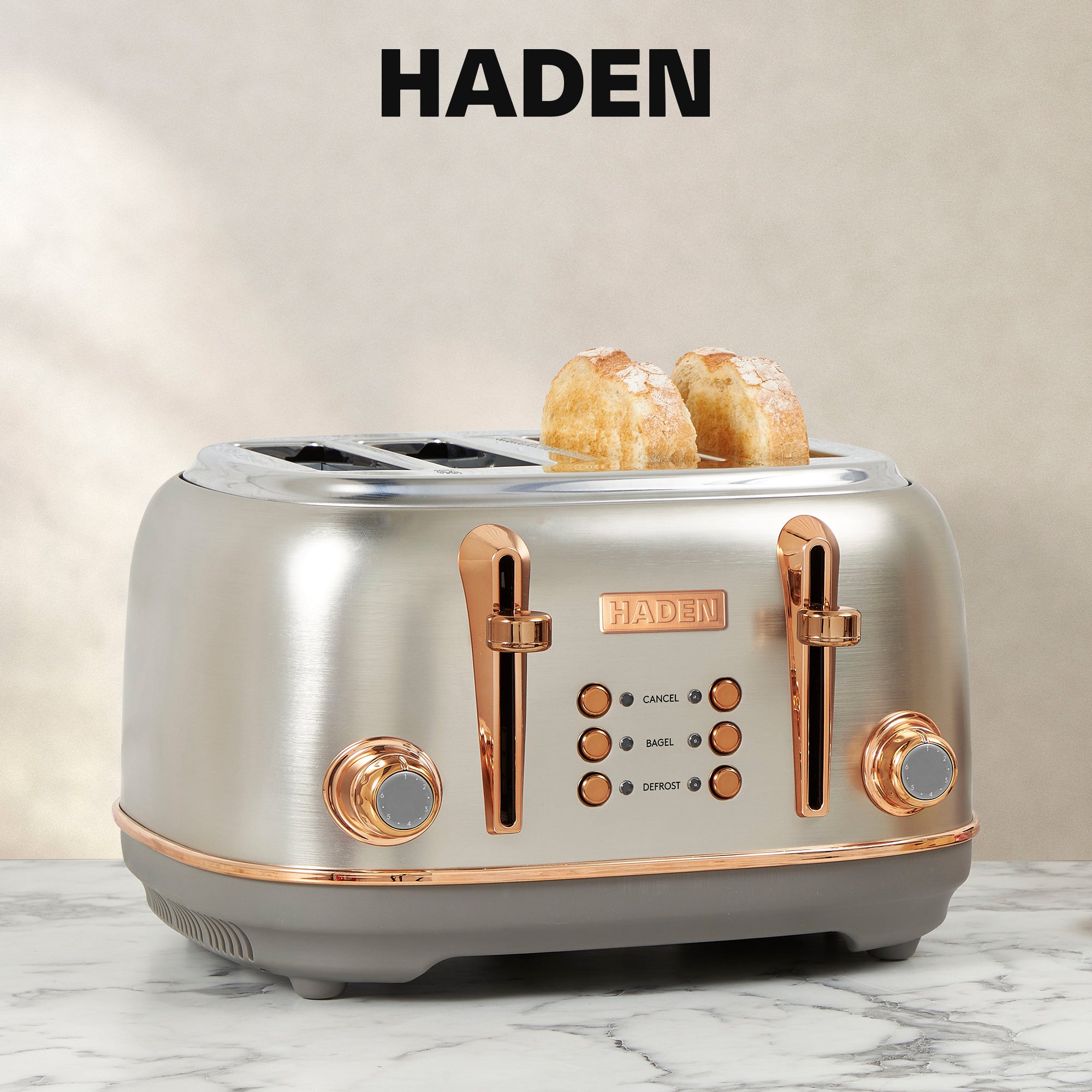 Haden Heritage 4 Slice Wide Slot Toaster & Electric Water Kettle, Steel & Copper