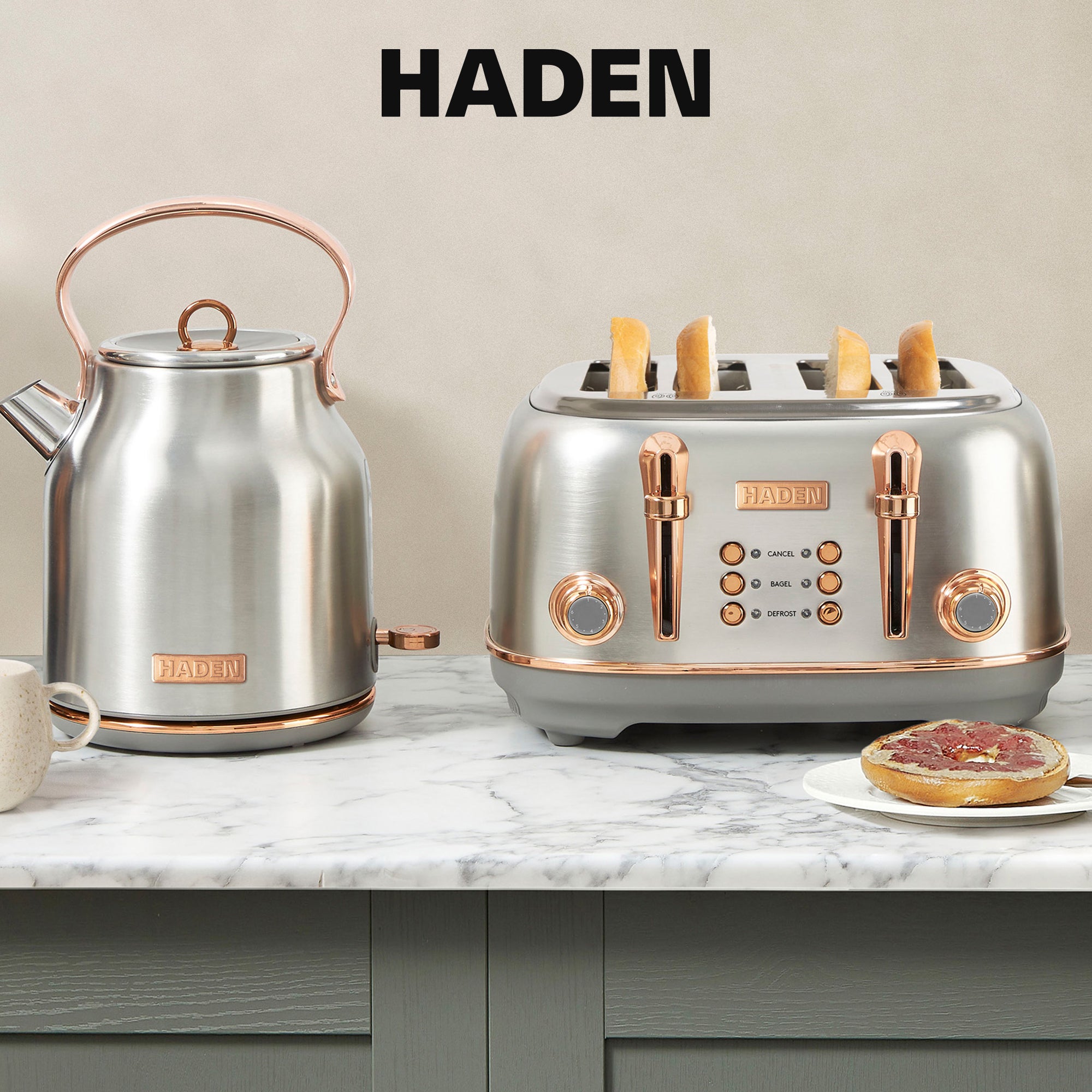 Haden Heritage 4 Slice Wide Slot Toaster & Electric Water Kettle, Steel & Copper