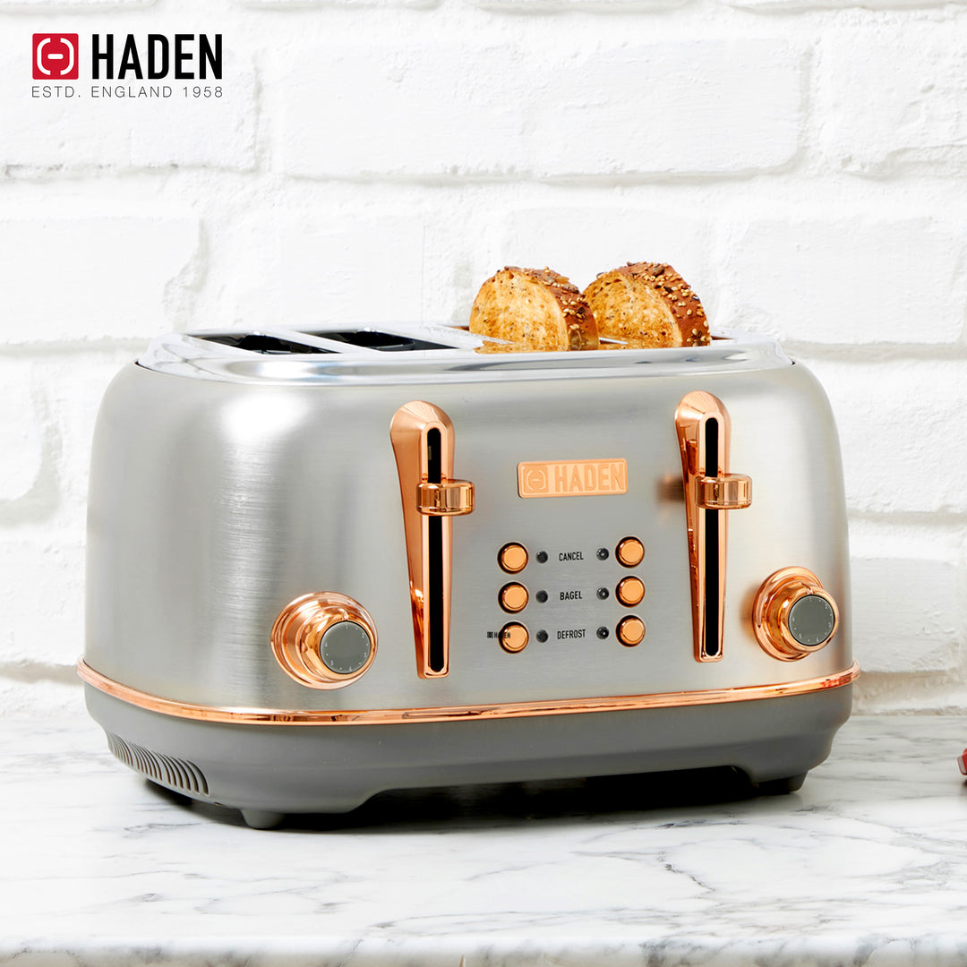 Haden Heritage 4 Slice Wide Slot Toaster & Electric Water Kettle, Steel & Copper - VMInnovations