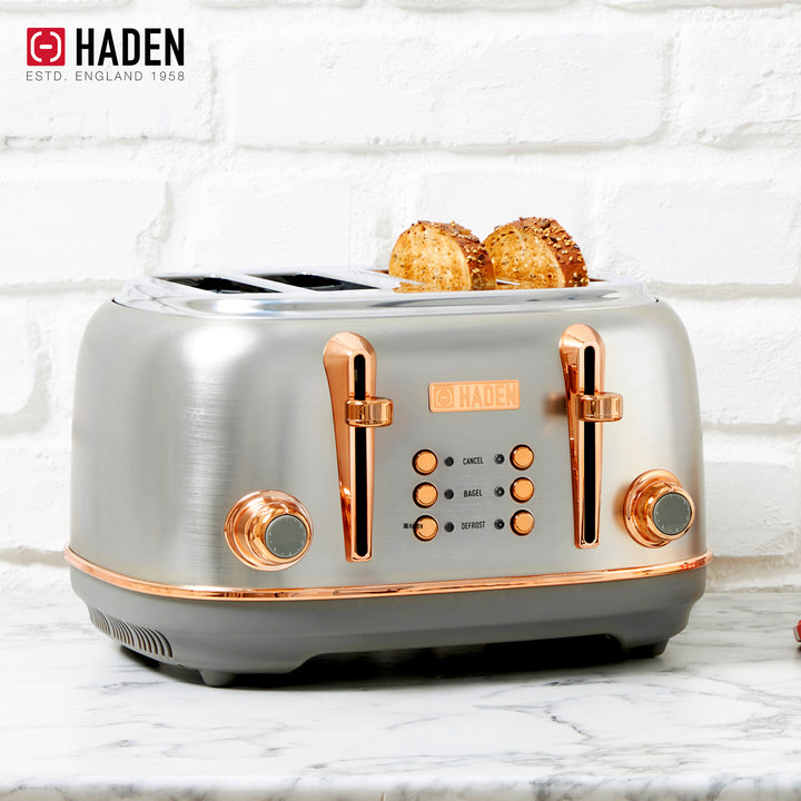 Haden Heritage 4 Slice Wide Slot Toaster & Electric Water Kettle, Steel & Copper - VMInnovations