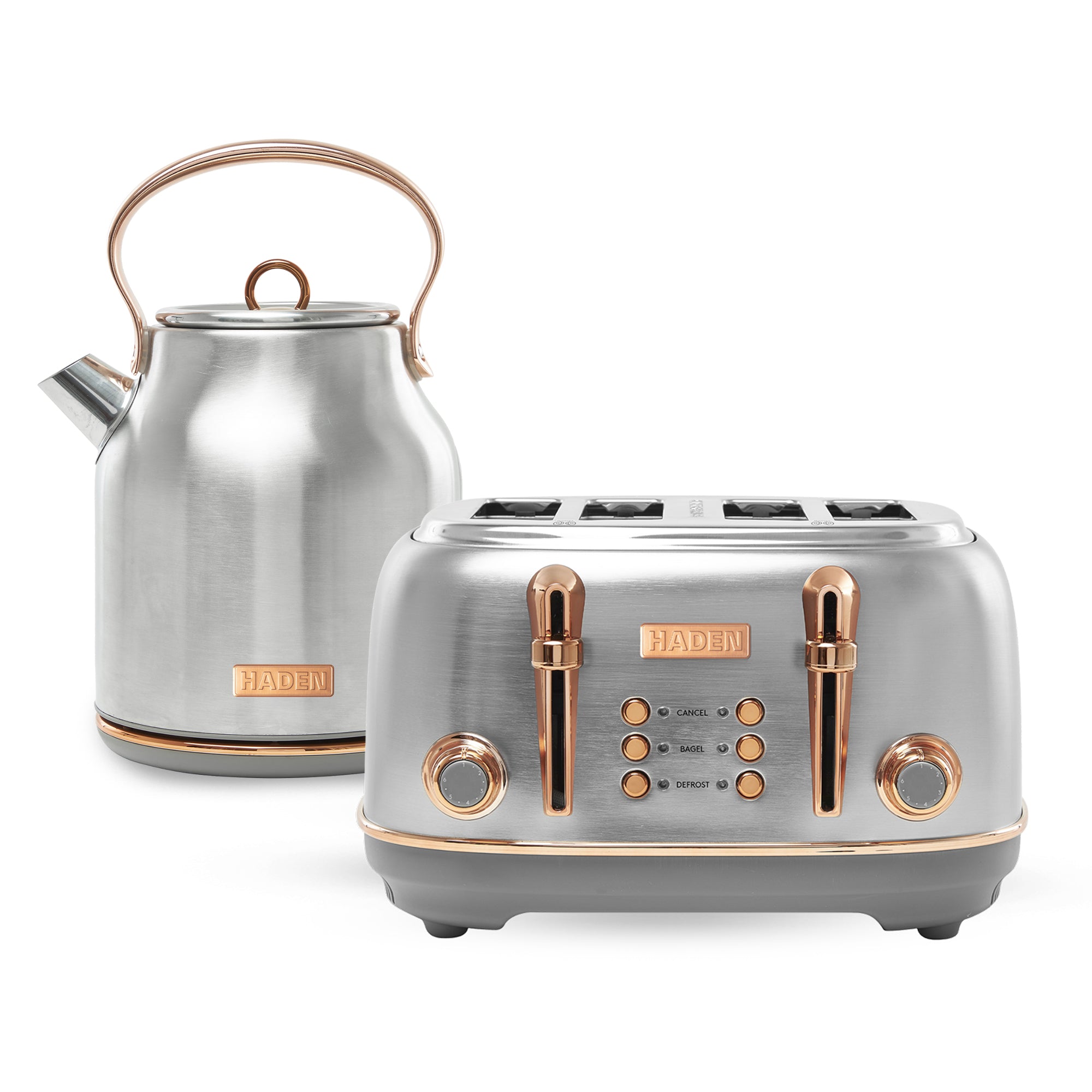 Haden Heritage 4 Slice Wide Slot Toaster & Electric Water Kettle, Steel & Copper