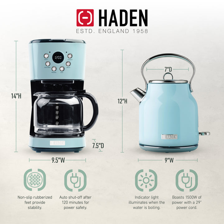 Haden 12 Cup Coffee Maker & Heritage 1.7L Electric Kettle, Turquoise & Chrome - VMInnovations
