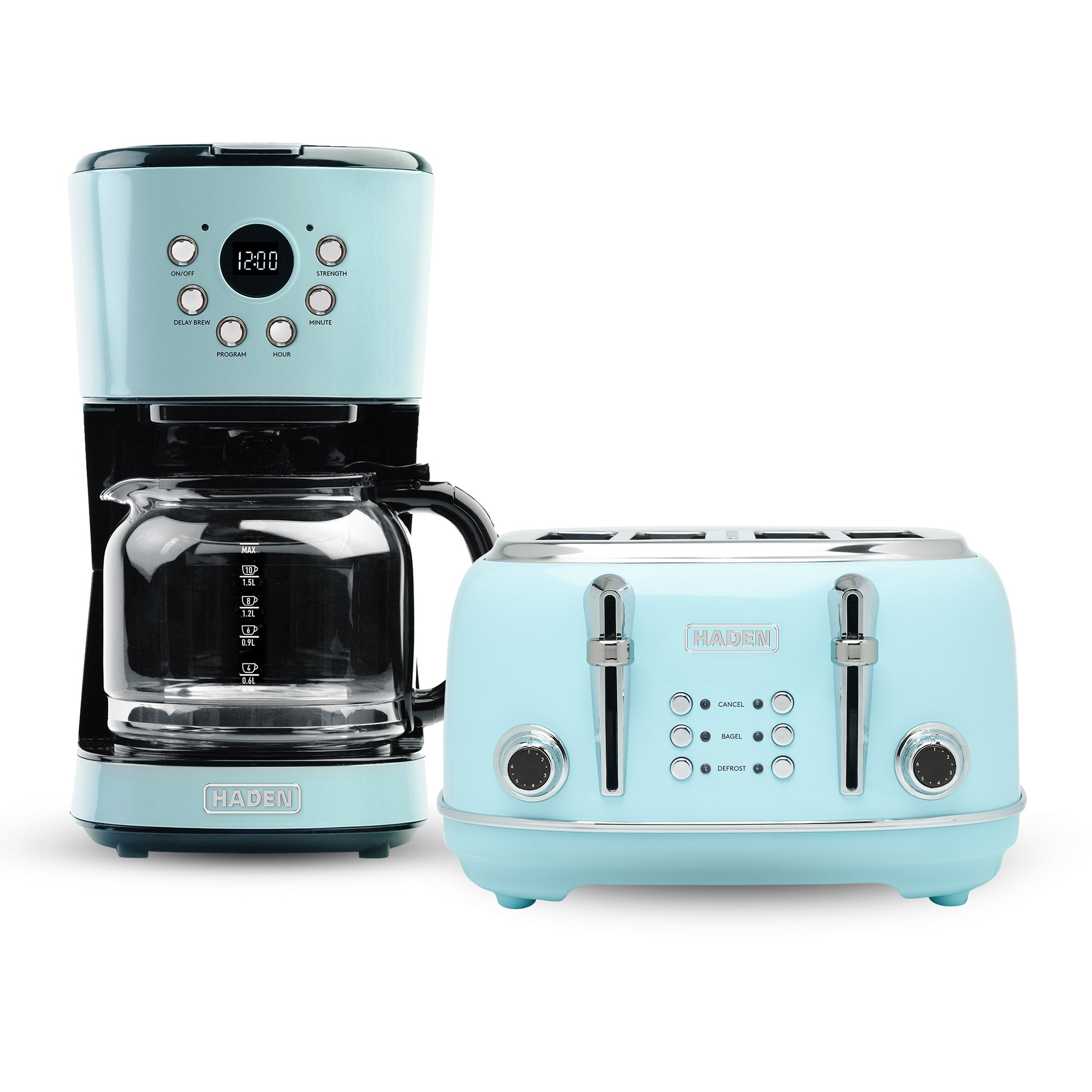 Haden Coffee Maker & Heritage 4 Slice Wide Slot Toaster, Turquoise & Chrome - VMInnovations