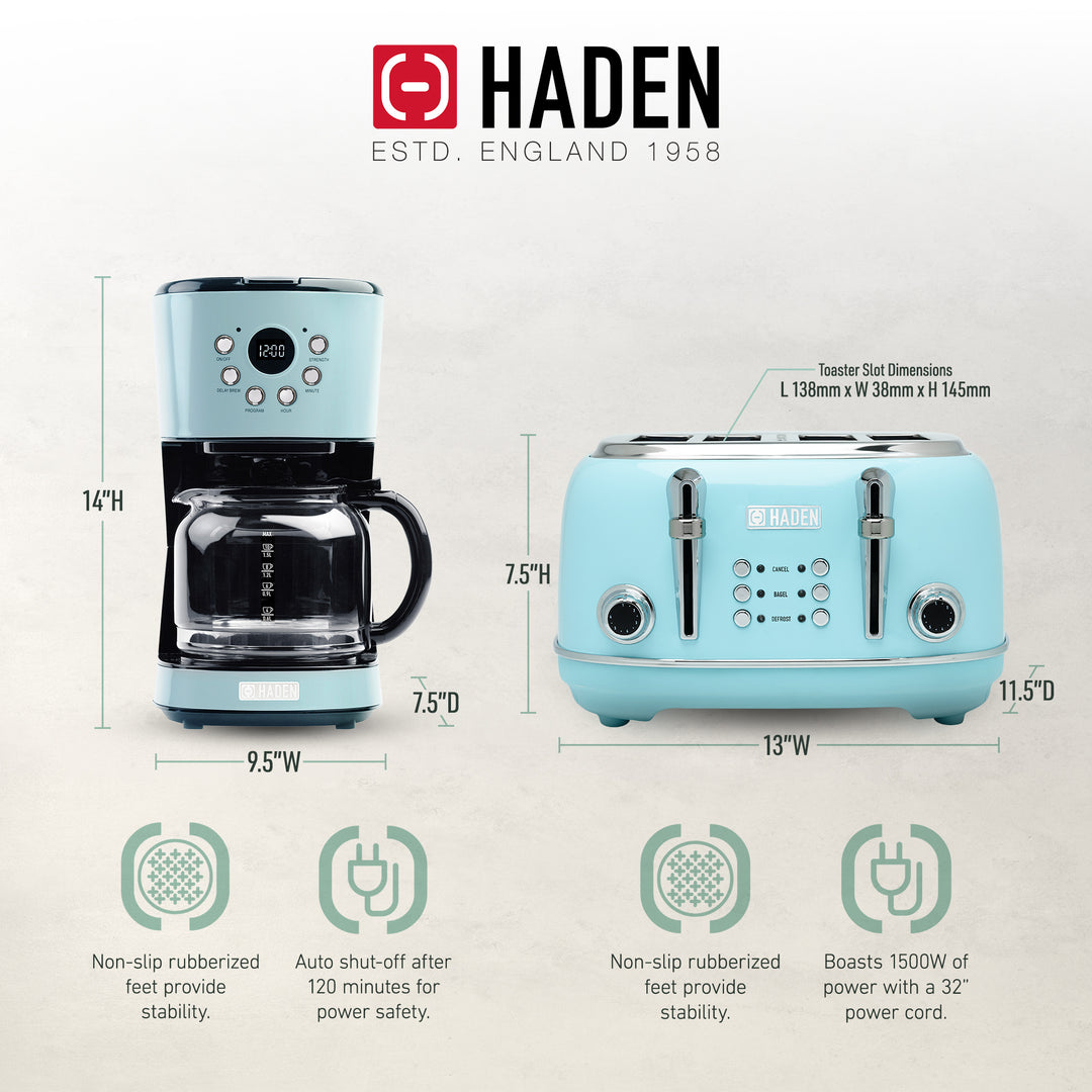Haden Coffee Maker & Heritage 4 Slice Wide Slot Toaster, Turquoise & Chrome - VMInnovations