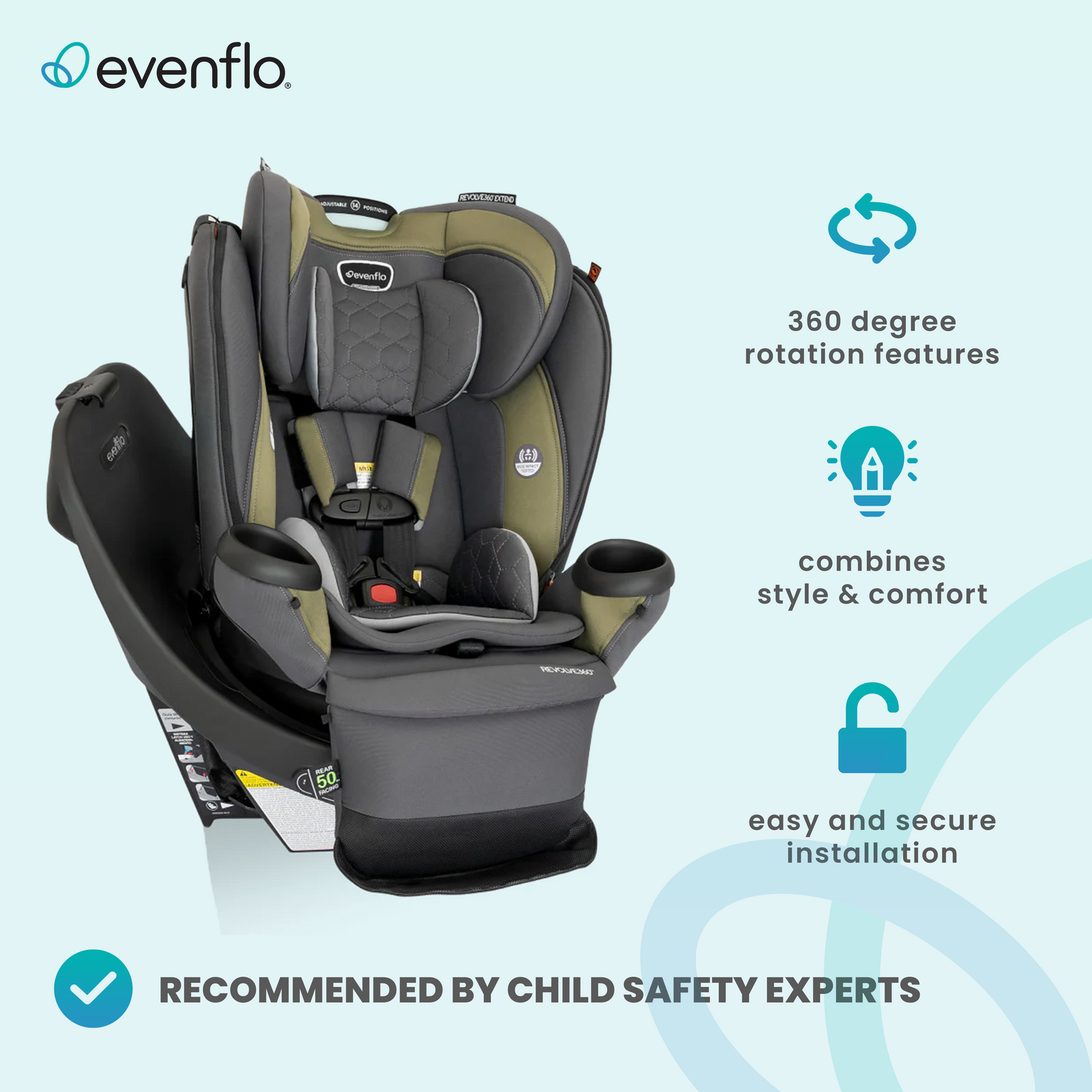Evenflo Revolve360 Extend Rotational Convertible Child Car Seat, Rockland Green - VMInnovations