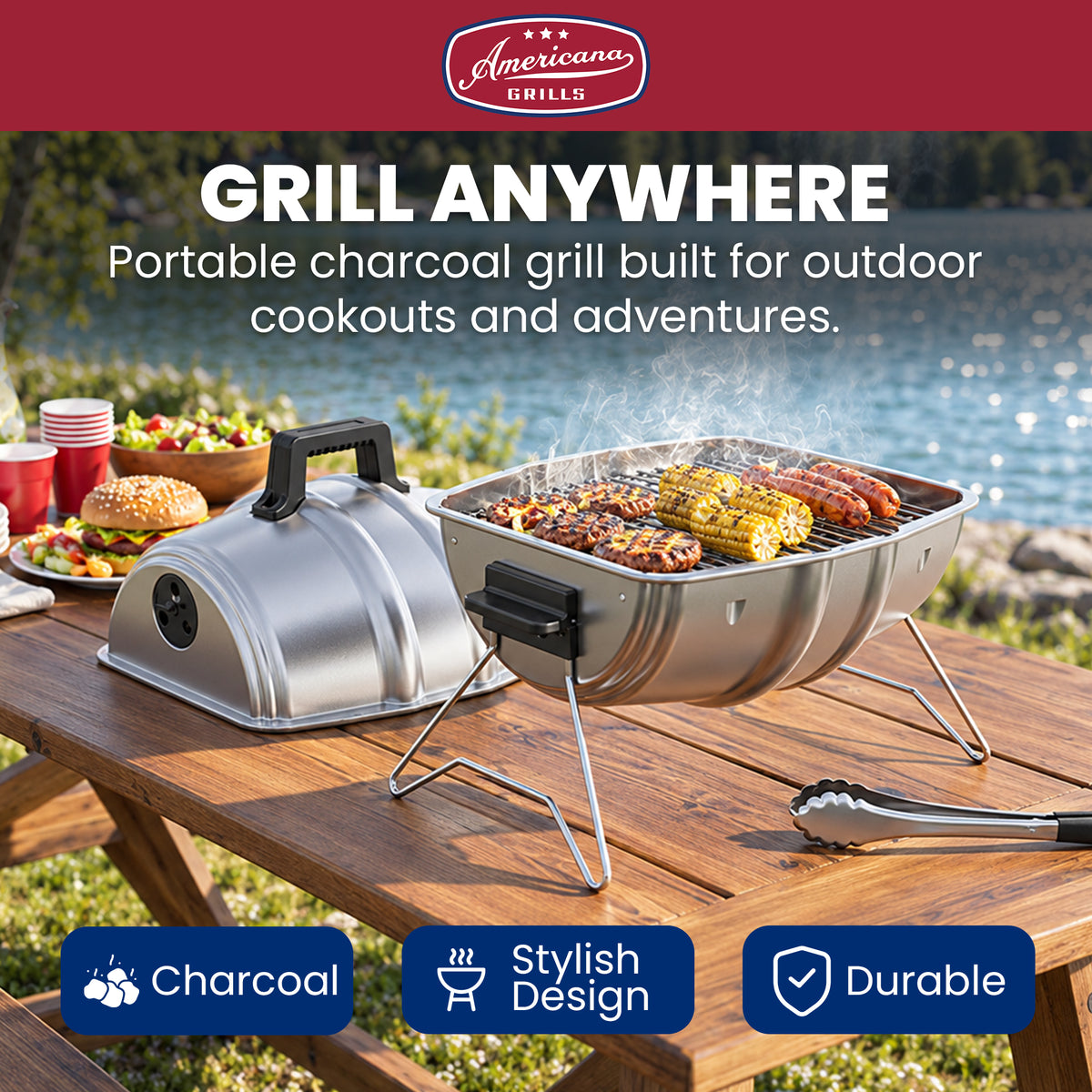 Americana Grills Keg A Que Charcoal BBQ Portable Grill, 186 Sq In, Silver (Used)