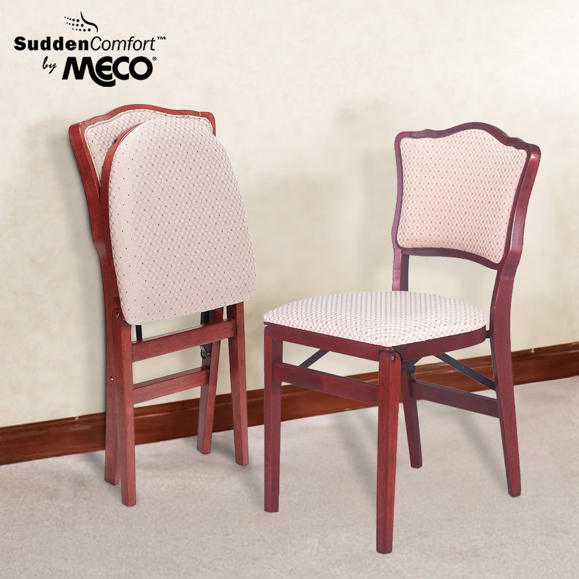 MECO Stakmore French Fabric Upholstered Seat Folding Chair Set, 4 Pack, Cherry