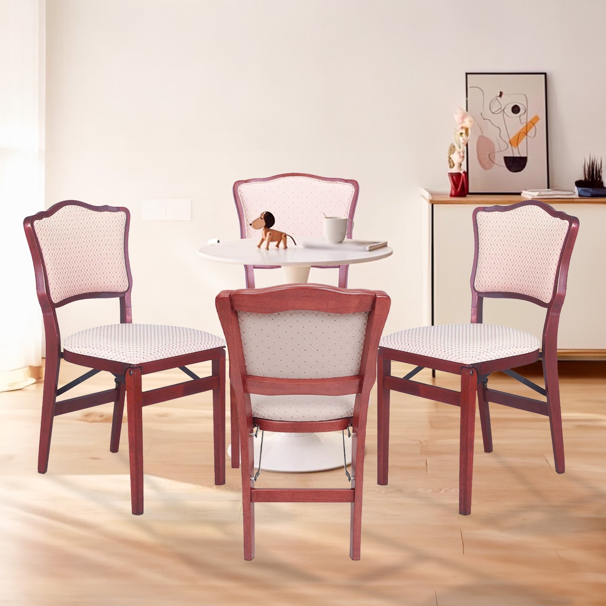 MECO Stakmore French Fabric Upholstered Seat Folding Chair Set, 4 Pack, Cherry