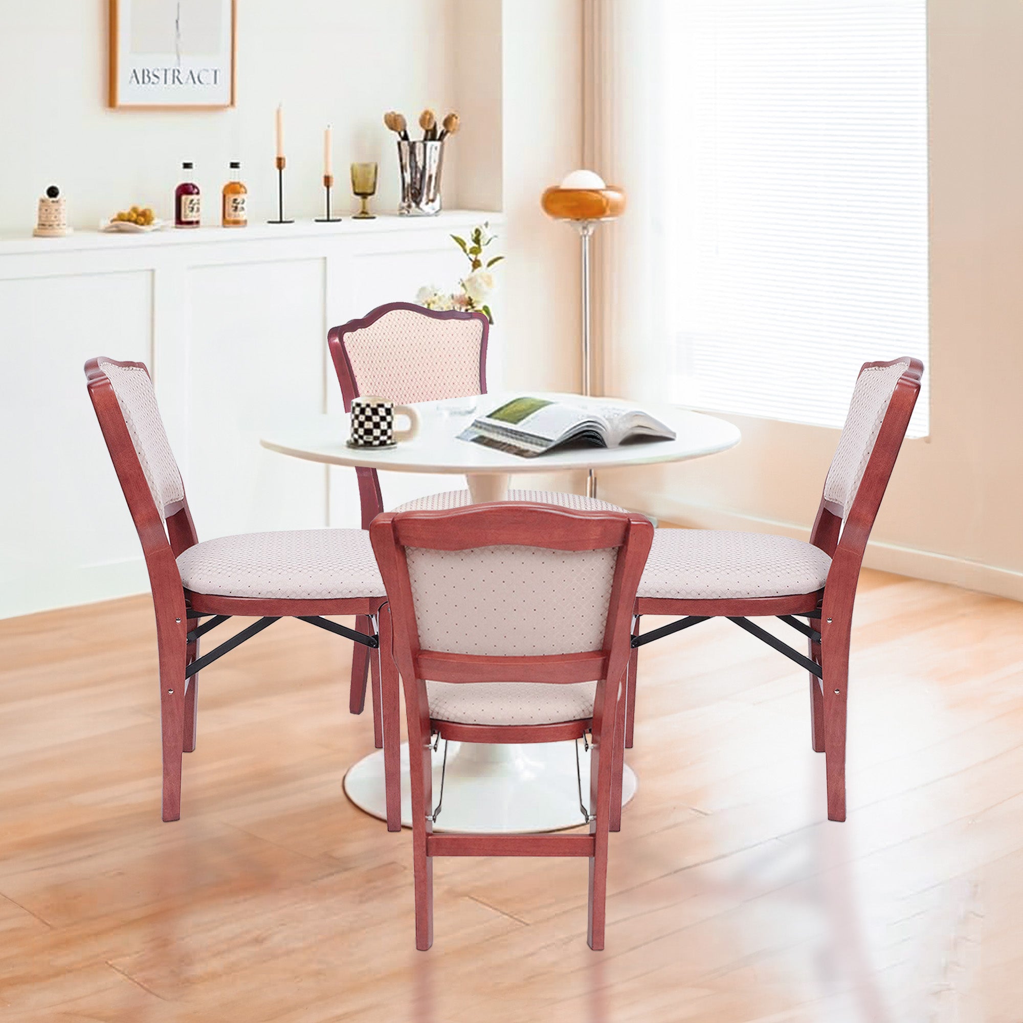 MECO Stakmore French Fabric Upholstered Seat Folding Chair Set, 4 Pack, Cherry