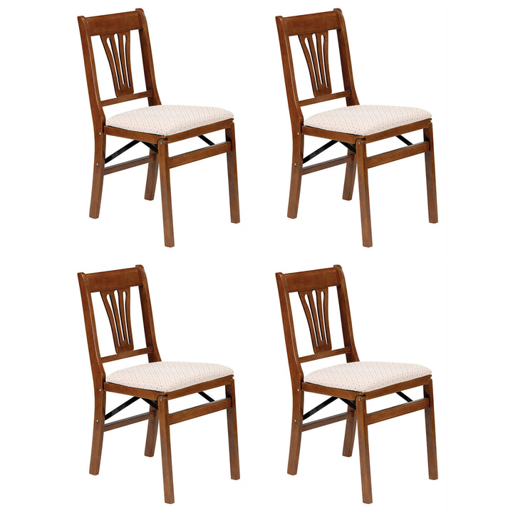 MECO Stakmore Urn Wood Upholstered Seat Folding Chair Set, 4 Pack, Fruitwood - VMInnovations