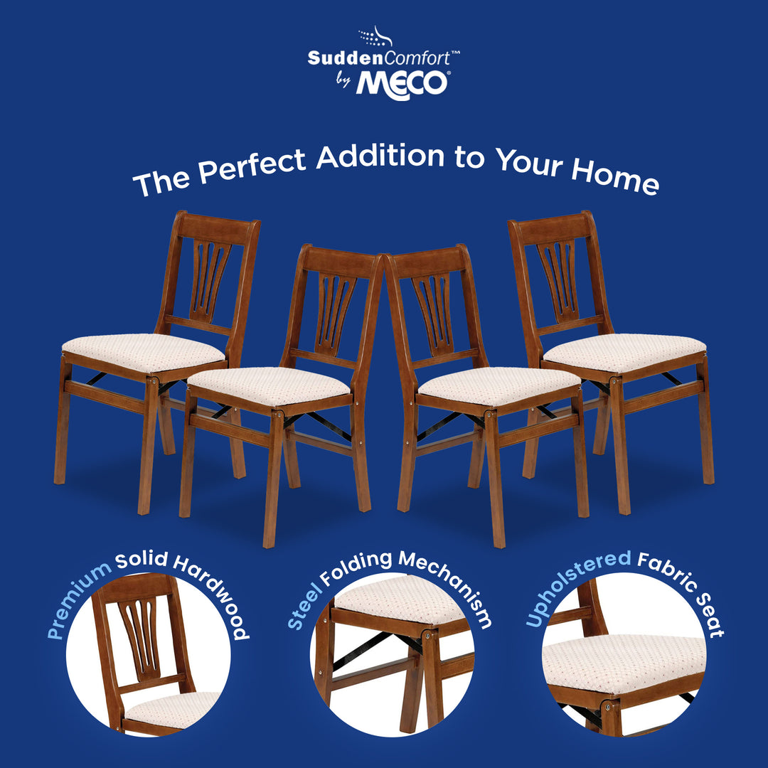 MECO Stakmore Urn Wood Upholstered Seat Folding Chair Set, 4 Pack, Fruitwood - VMInnovations