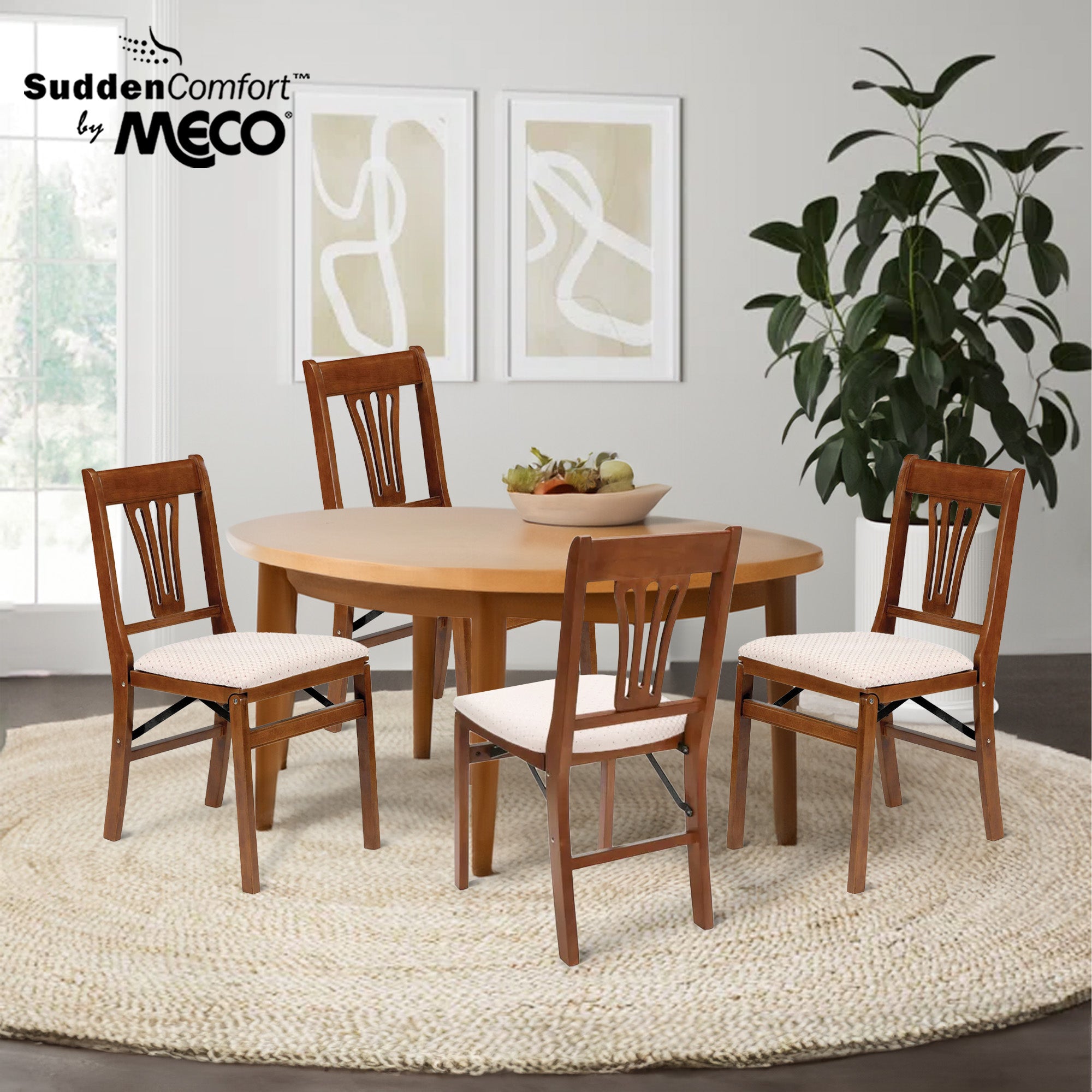 MECO Stakmore Urn Wood Upholstered Seat Folding Chair Set, 4 Pack, Fruitwood - VMInnovations