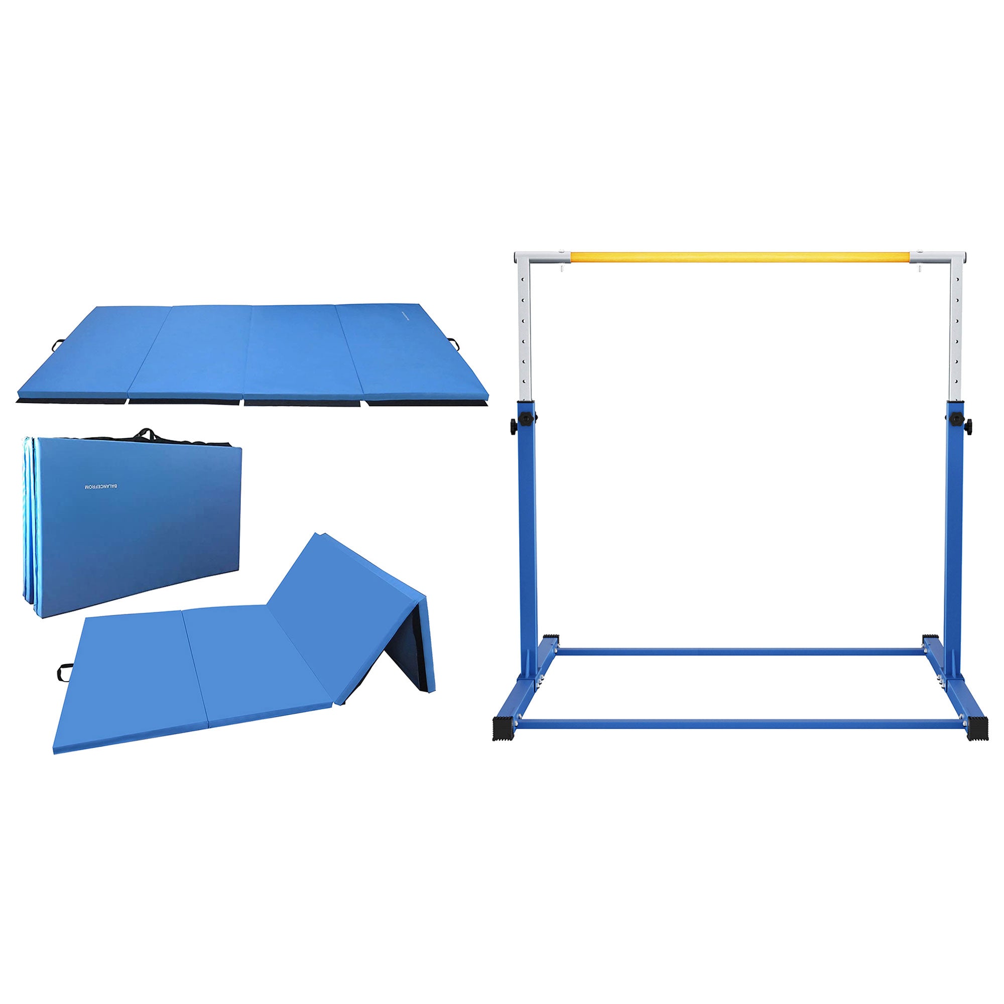 BalanceFrom Fitness 120 x 48 Inch Exercise Mat & Adjustable Gymnastics Bar, Blue - VMInnovations