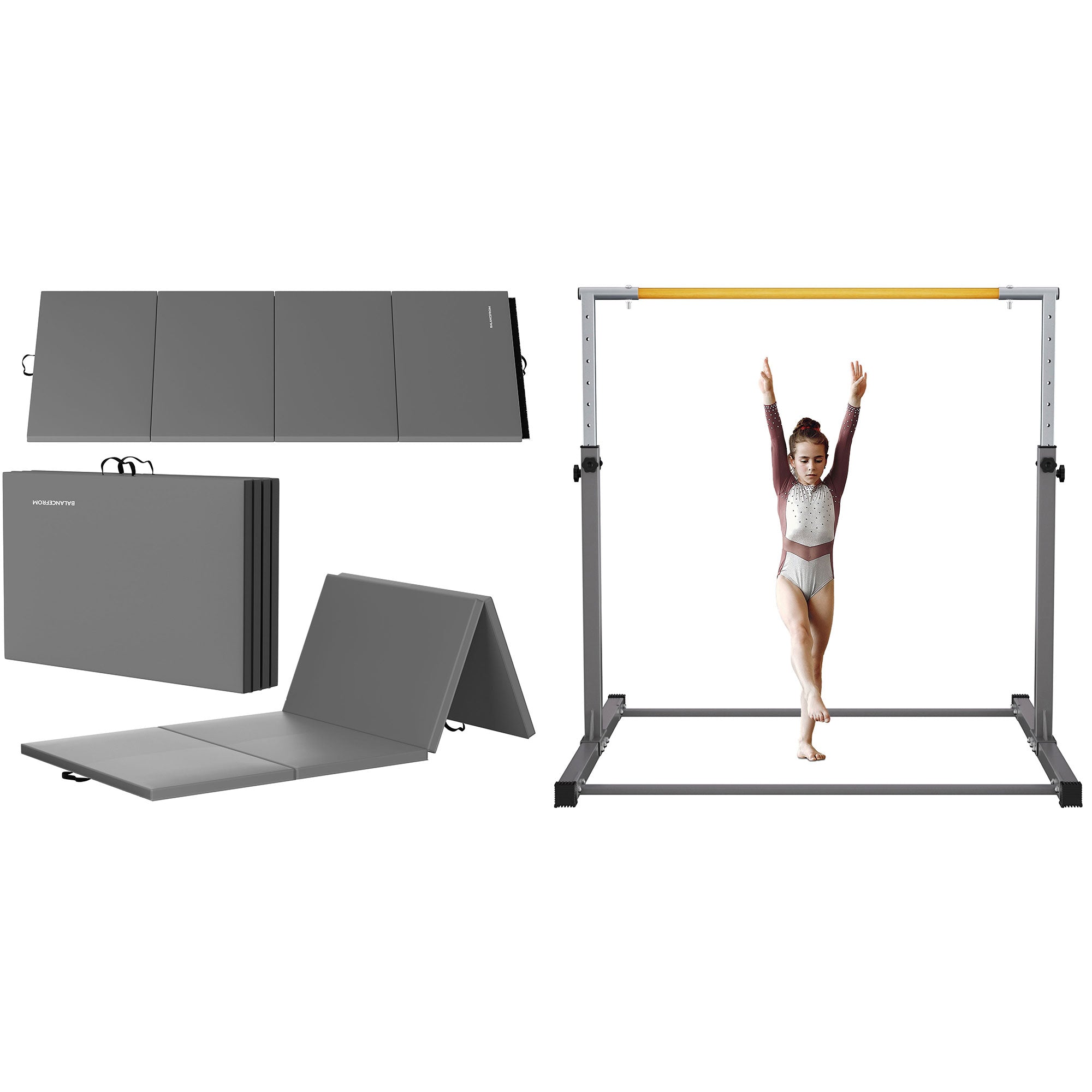 BalanceFrom Fitness 120 x 48 Inch Exercise Mat & Adjustable Gymnastics Bar, Gray - VMInnovations