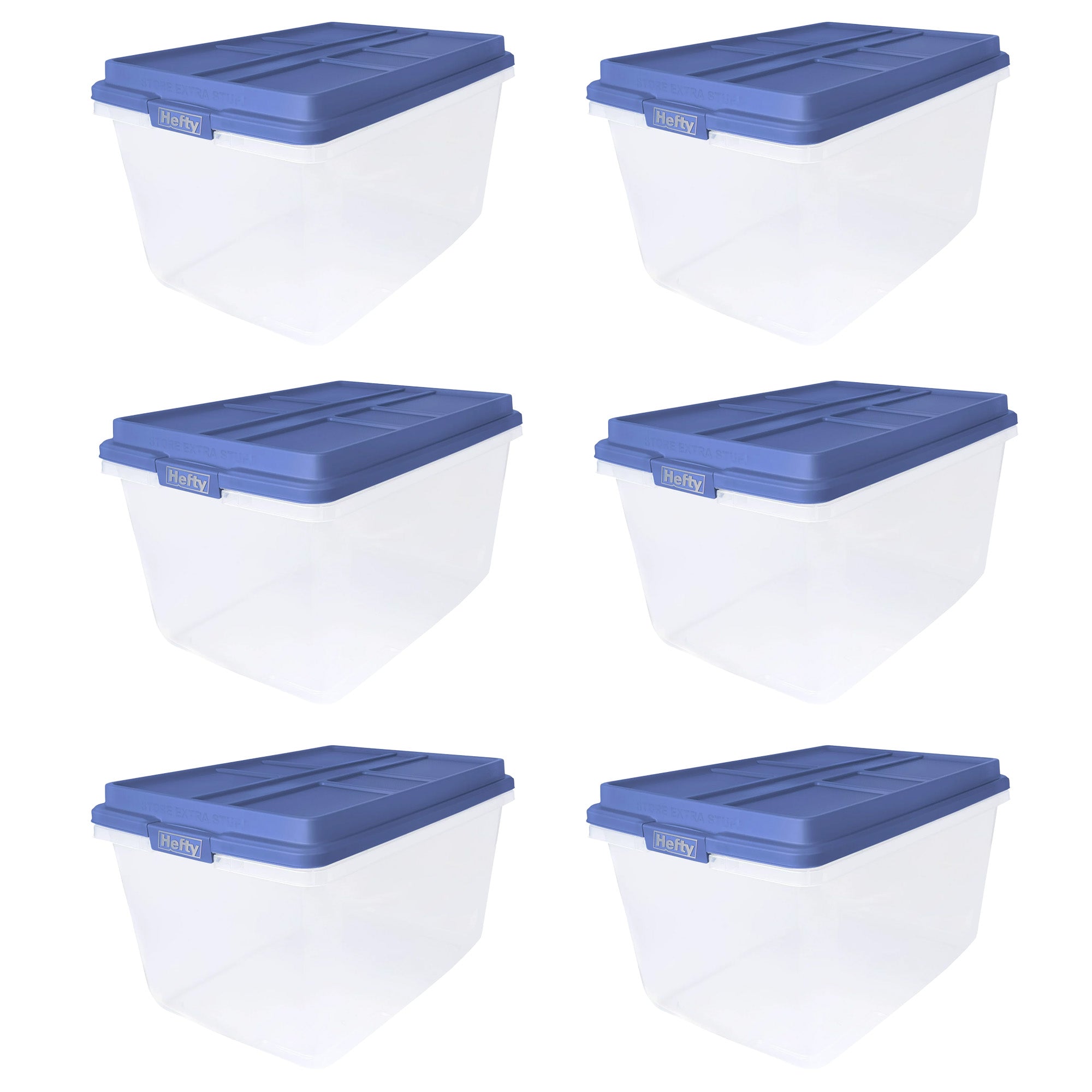 Hefty 72 Qt Hi-Rise Stackable Plastic Storage Container w/Lid, 6 Pack, Blue - VMInnovations