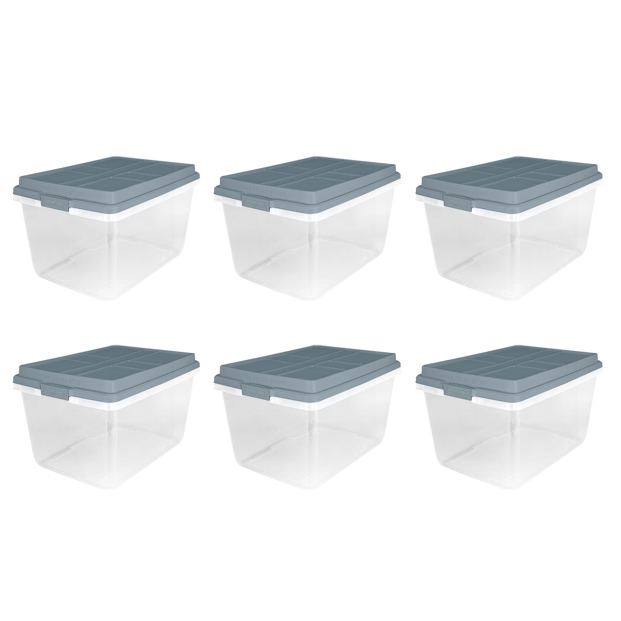 Hefty 72 Qt Hi-Rise Stackable Plastic Storage Bin with Lid, 6 Pack, Smoke Blue