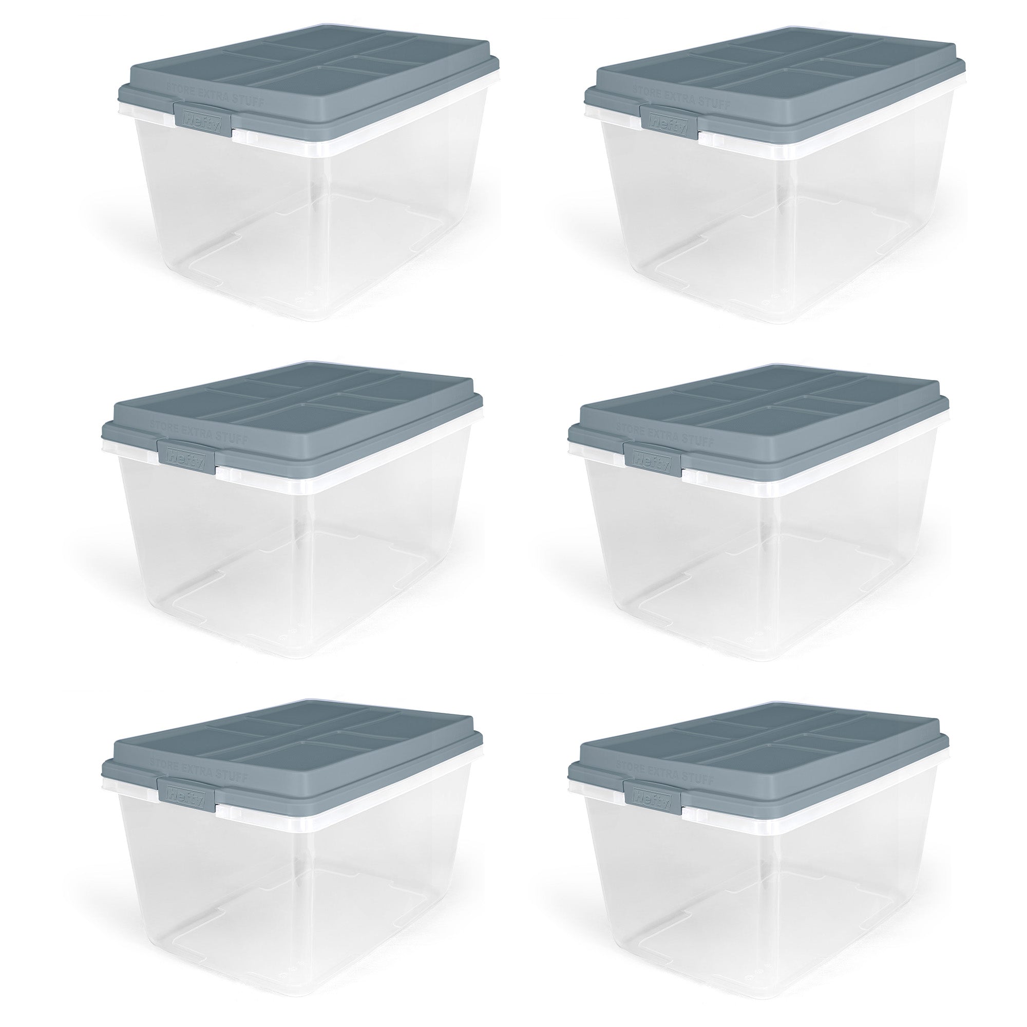 Hefty 72 Qt Hi-Rise Stackable Plastic Storage Bin with Lid, 6 Pack, Smoke Blue - VMInnovations
