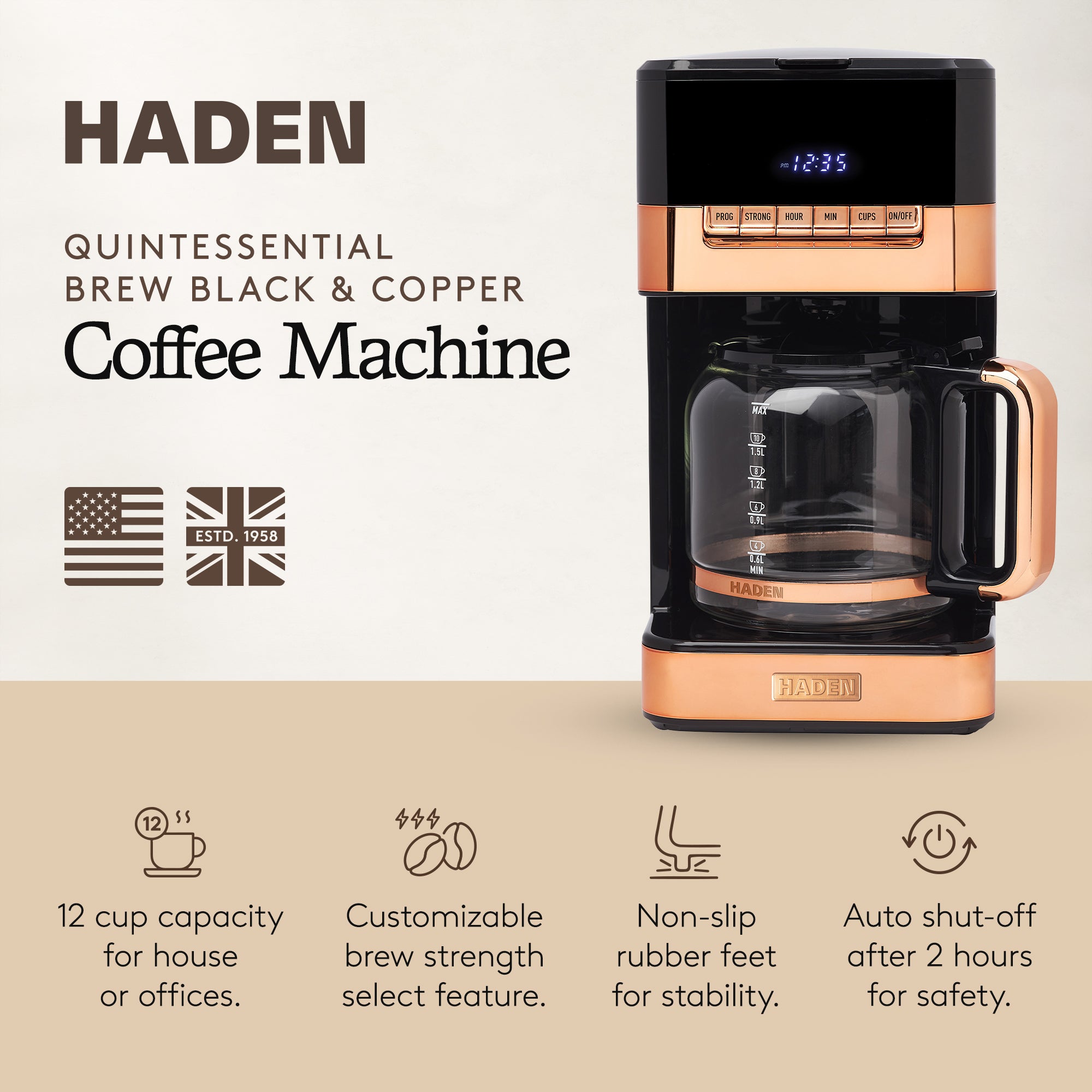 Haden Quintessential 12 Cup Programmable Coffee Maker, Black/Copper (Open Box)