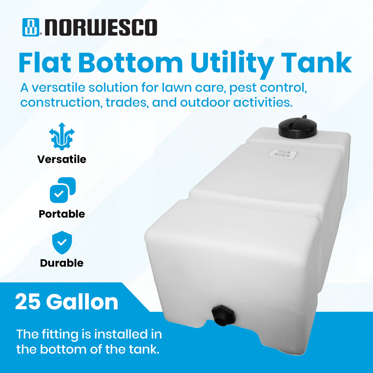 Norwesco 25 Gallon Rectangular Flat Bottom Utility Tank for Lawn Care, White