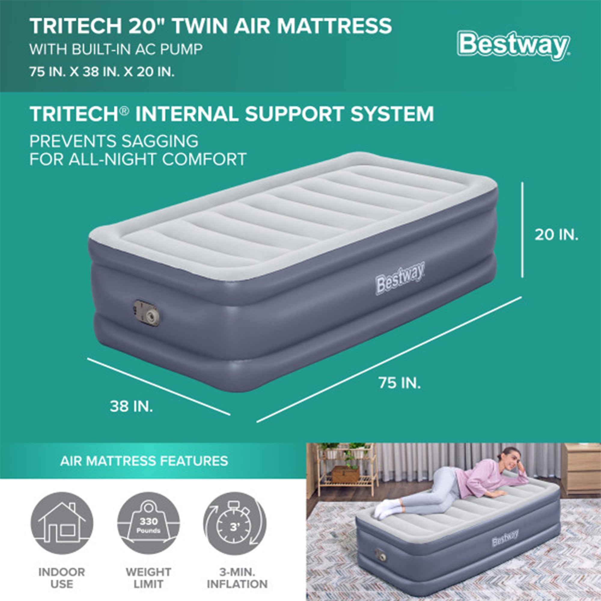 Bestway Air Mattress Inflatable Twin-Sized Bed with Built-In AC Pump (Open Box) - VMInnovations