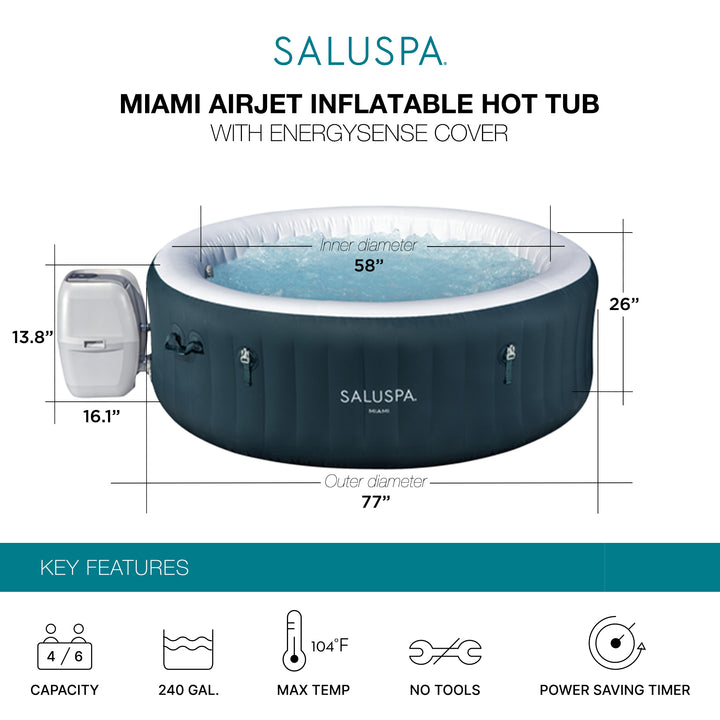 Bestway SaluSpa Miami AirJet 4-6 Person Inflatable Hot Tub w/ EnergySense Cover